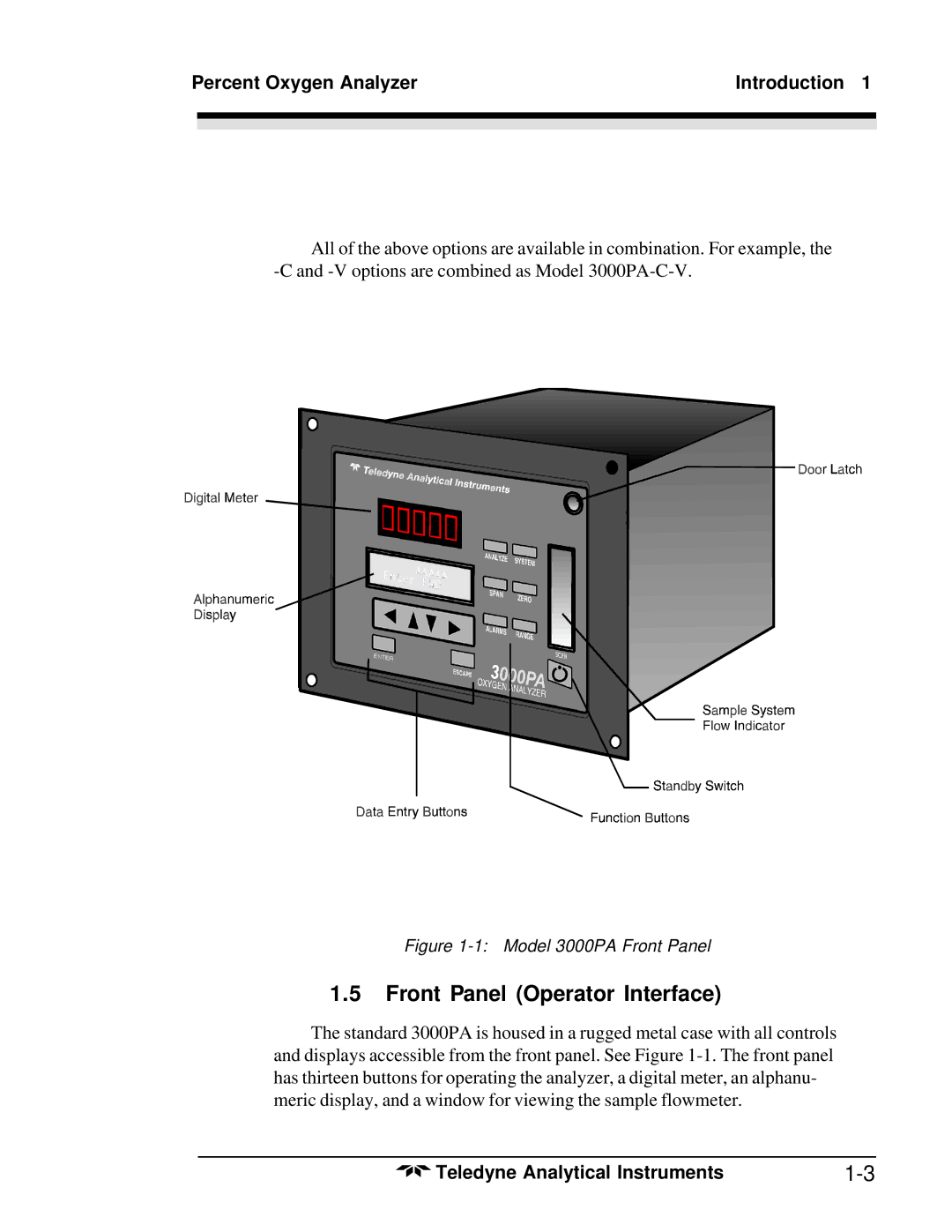 Teledyne operating instructions Front Panel Operator Interface, Model 3000PA Front Panel 