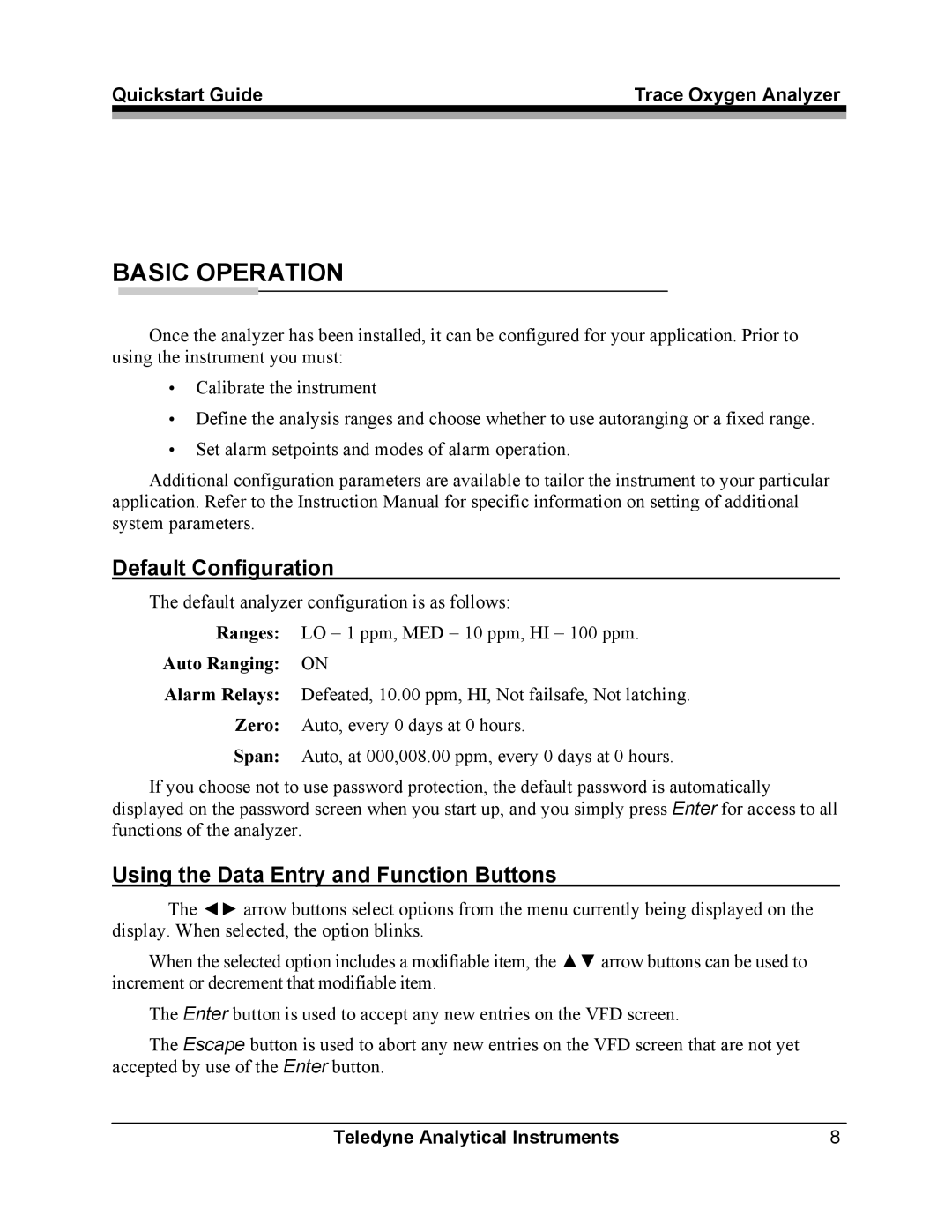 Teledyne 3000TA-XL-EU quick start Default Configuration, Using the Data Entry and Function Buttons, Auto Ranging on 