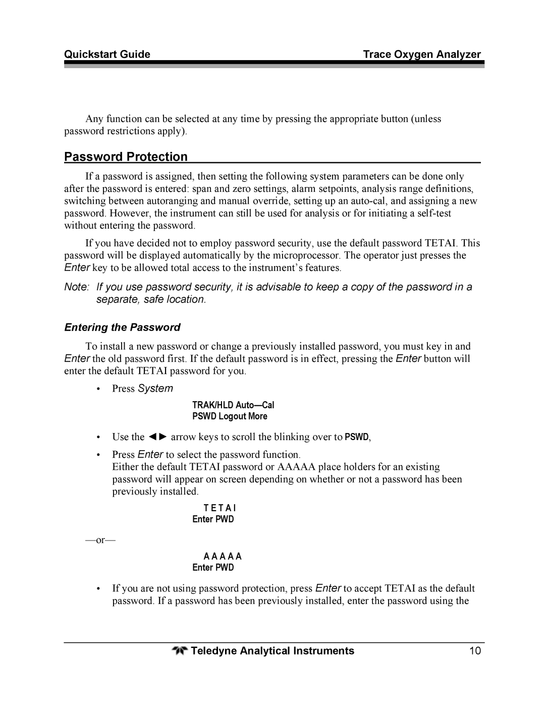 Teledyne 3000TA-XL-EU quick start Password Protection, Entering the Password 