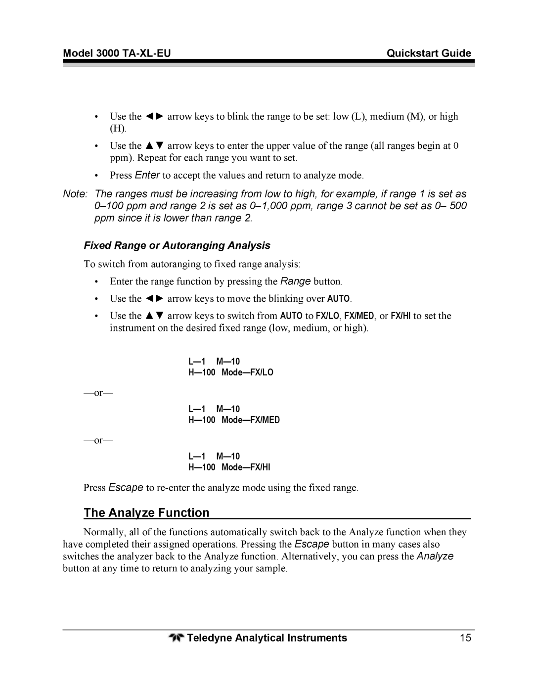 Teledyne 3000TA-XL-EU quick start Analyze Function, Fixed Range or Autoranging Analysis 