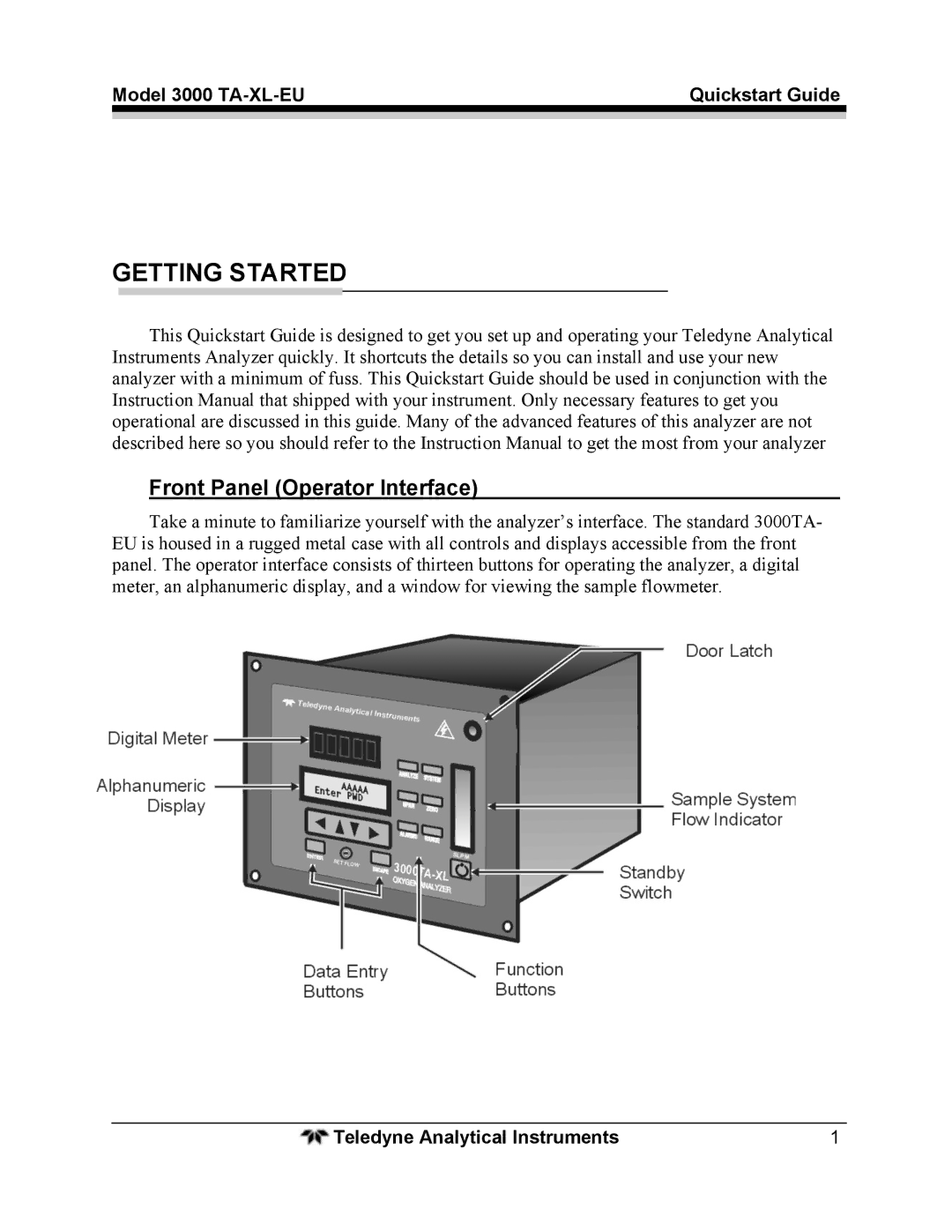 Teledyne 3000TA-XL-EU quick start Getting Started, Front Panel Operator Interface 