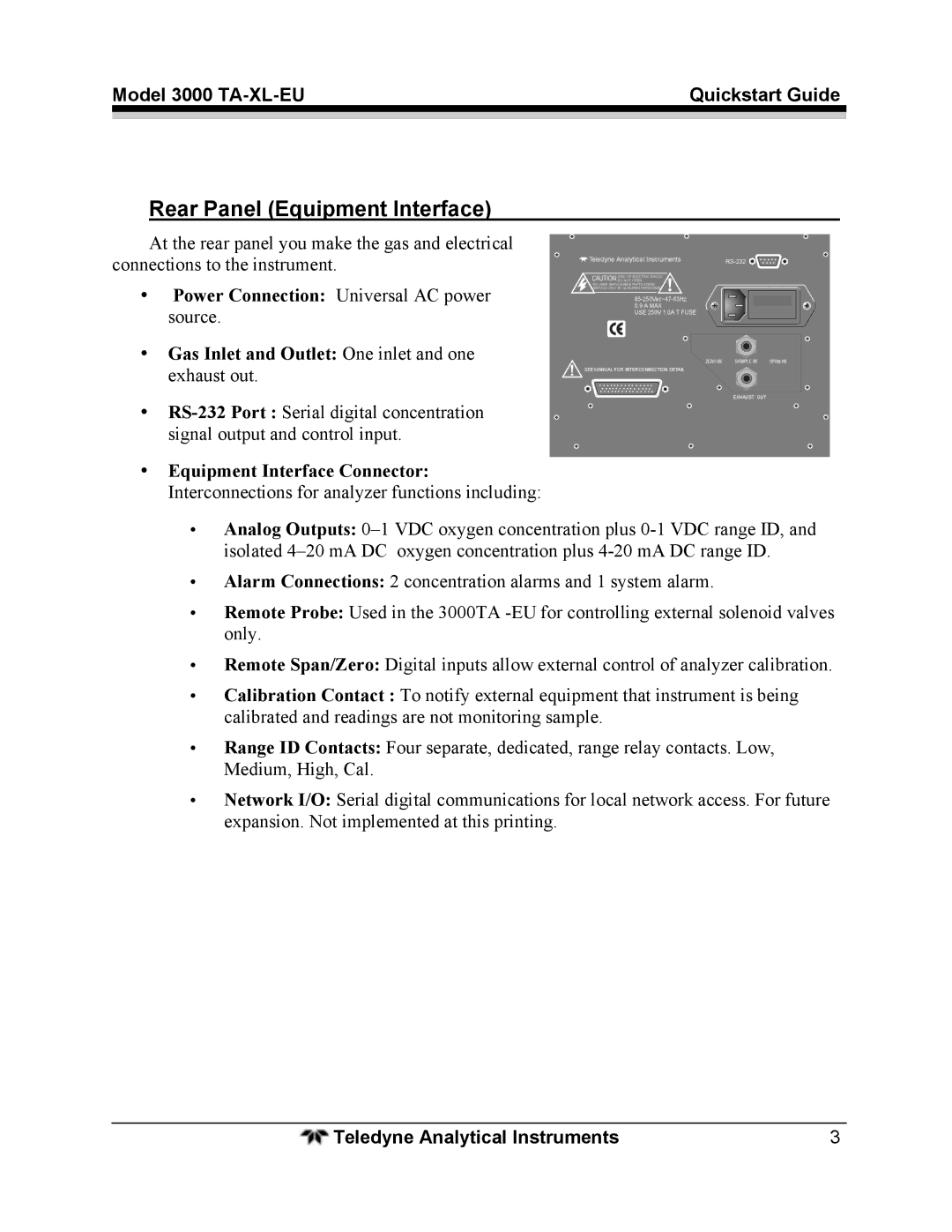 Teledyne 3000TA-XL-EU quick start Rear Panel Equipment Interface, Gas Inlet and Outlet One inlet and one exhaust out 