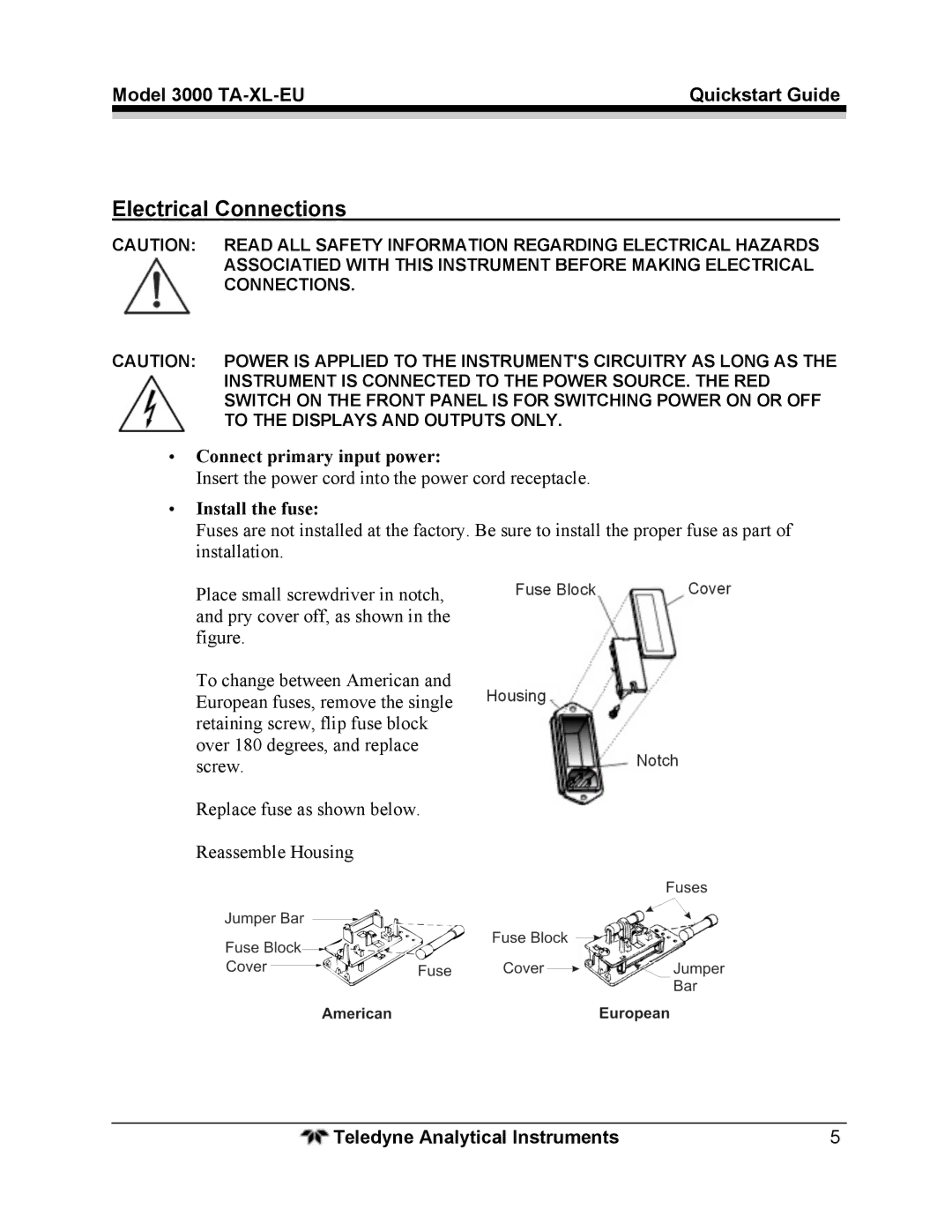 Teledyne 3000TA-XL-EU quick start Electrical Connections, Connect primary input power, Install the fuse 