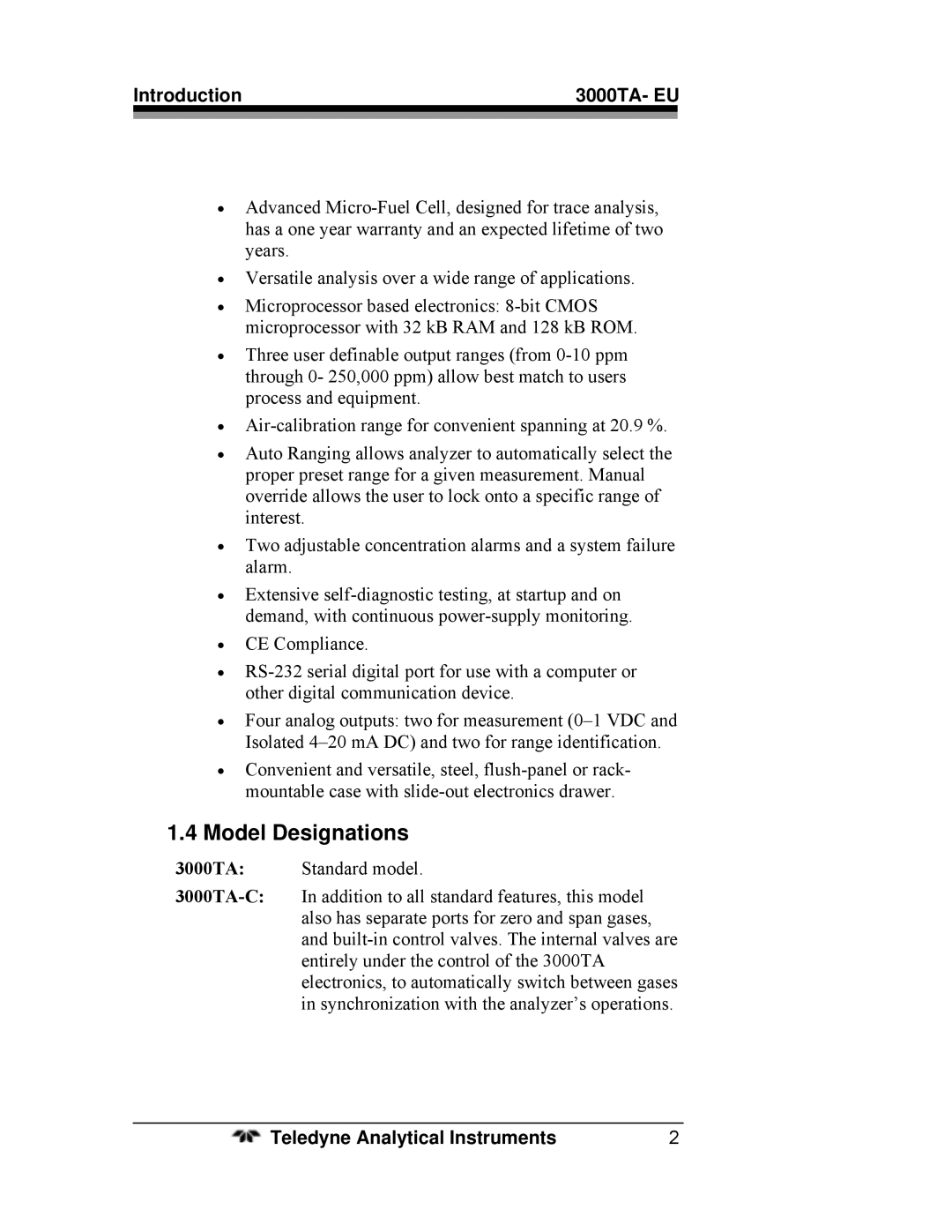 Teledyne operating instructions Model Designations, Introduction 3000TA- EU 