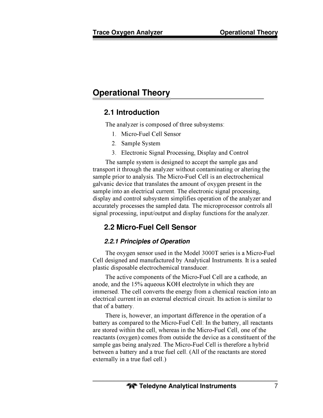 Teledyne 3000TA operating instructions Introduction, Micro-Fuel Cell Sensor, Trace Oxygen Analyzer Operational Theory 