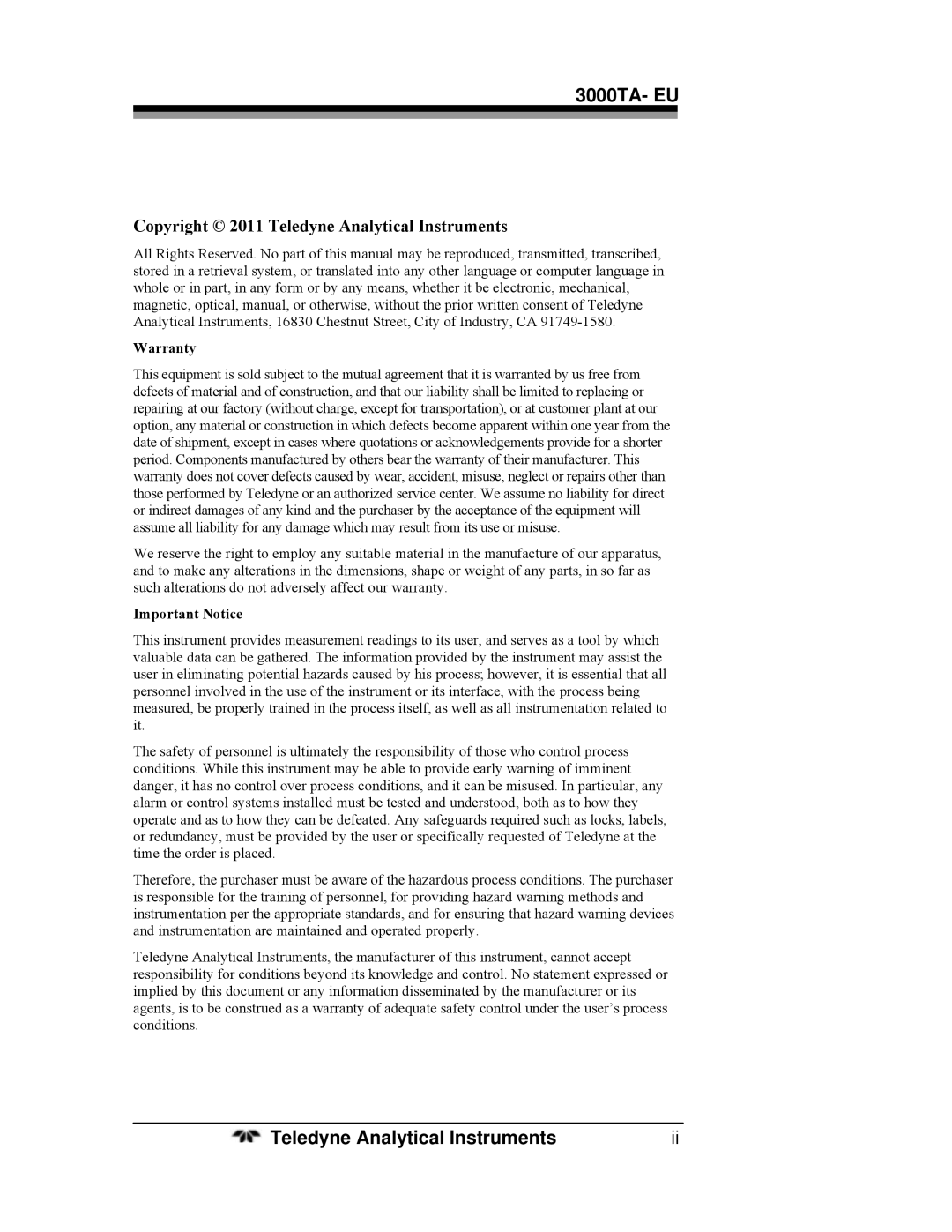 Teledyne operating instructions 3000TA- EU, Copyright 2011 Teledyne Analytical Instruments 