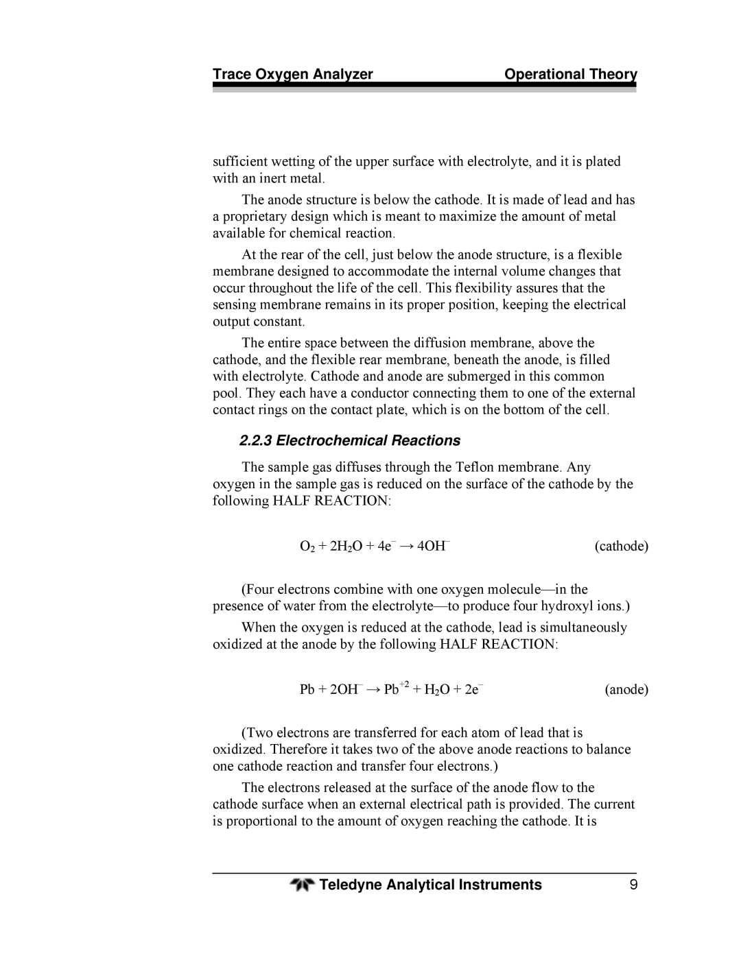 Teledyne 3000TA operating instructions Electrochemical Reactions 