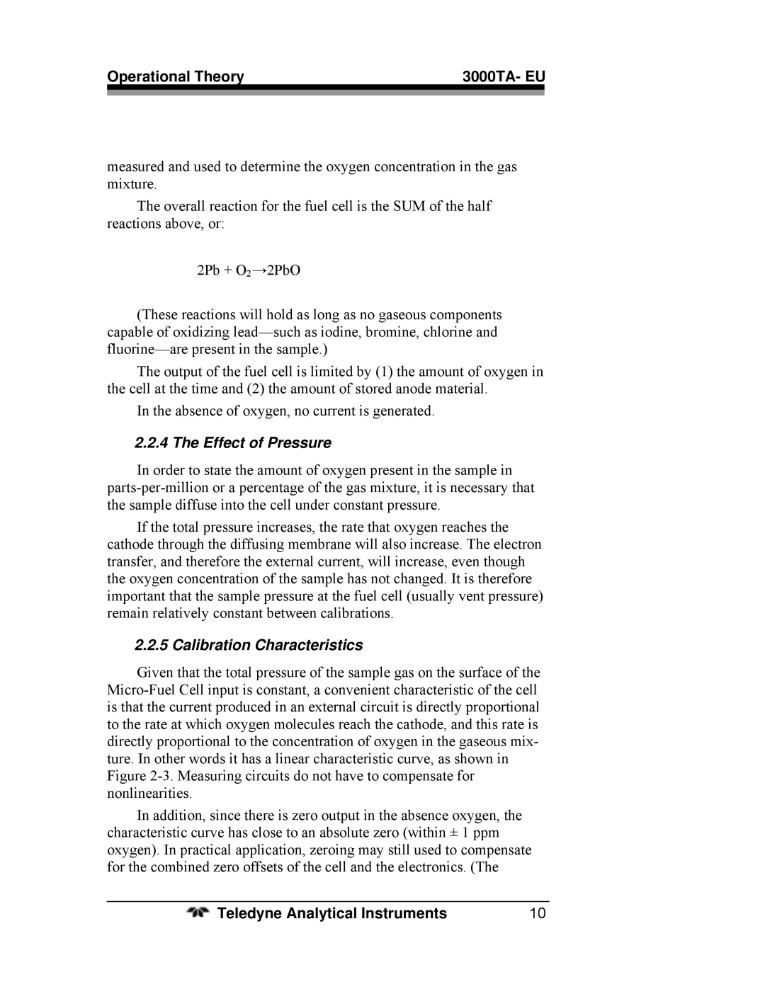 Teledyne 3000TA operating instructions Effect of Pressure, Calibration Characteristics 