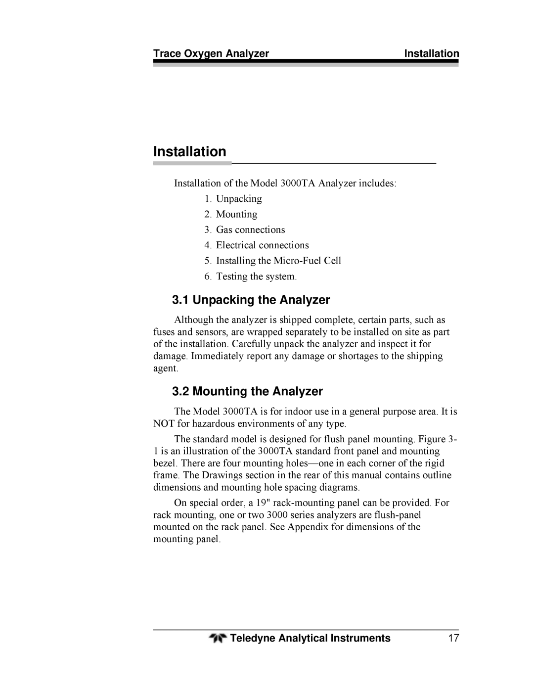 Teledyne 3000TA Unpacking the Analyzer, Mounting the Analyzer, Trace Oxygen Analyzer Installation 