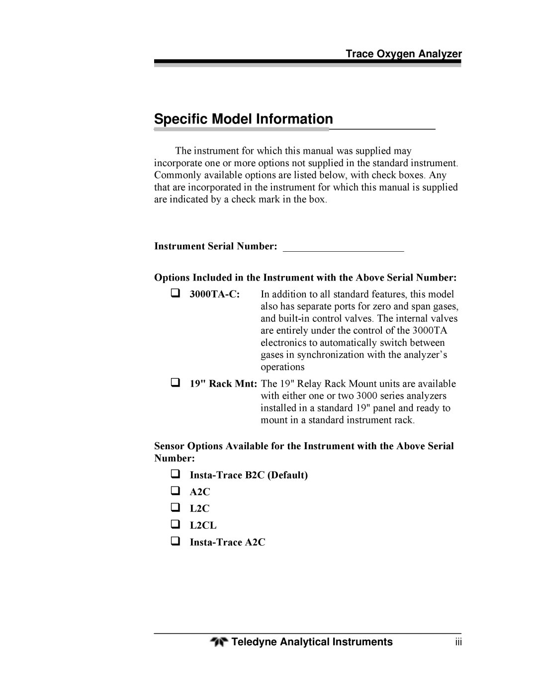 Teledyne 3000TA operating instructions Specific Model Information, Trace Oxygen Analyzer 