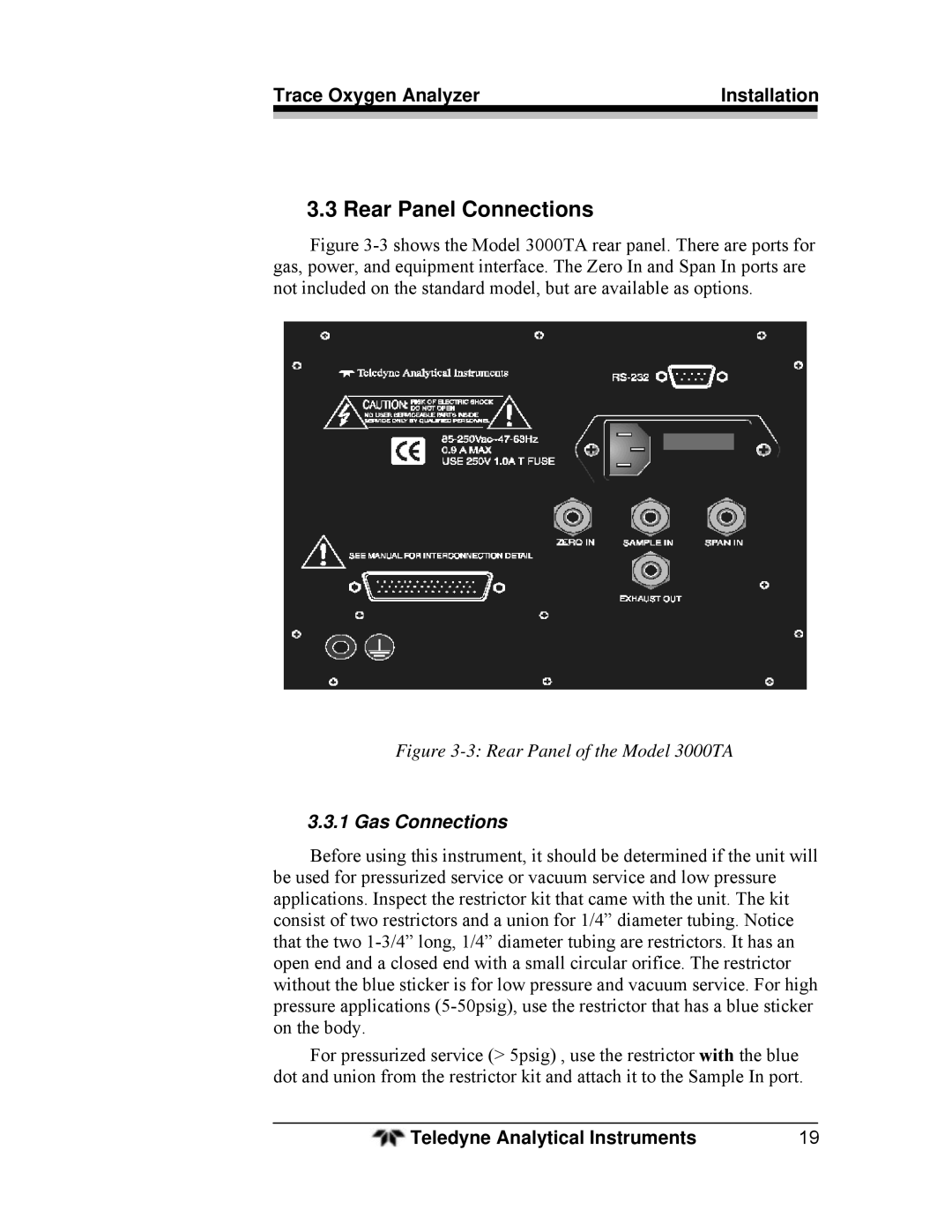 Teledyne 3000TA operating instructions Rear Panel Connections, Gas Connections 