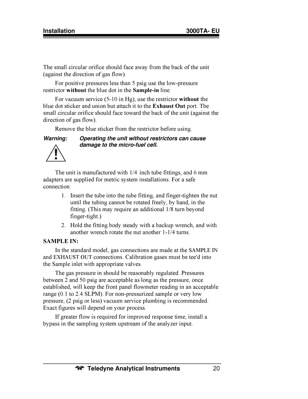 Teledyne 3000TA operating instructions Sample 