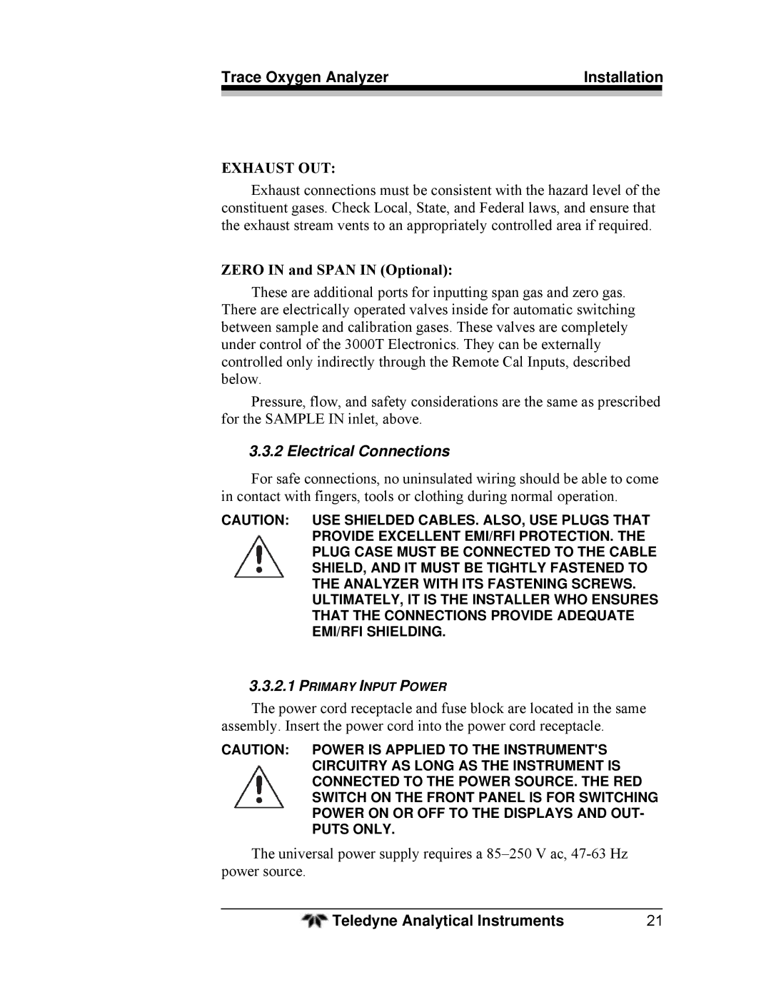 Teledyne 3000TA operating instructions Exhaust OUT, Electrical Connections 