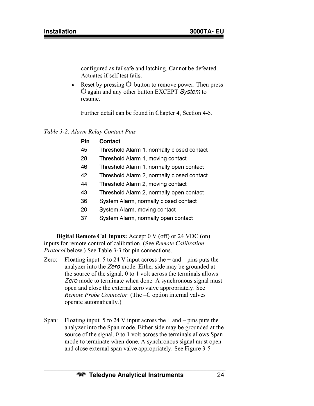 Teledyne 3000TA operating instructions Alarm Relay Contact Pins 