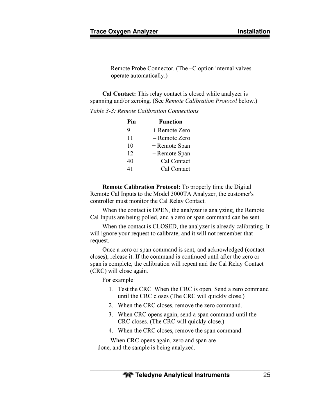 Teledyne 3000TA operating instructions Pin Function 