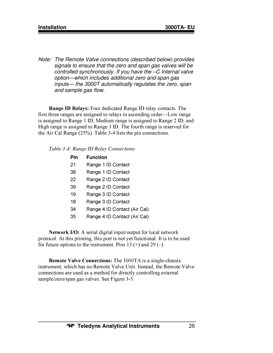 Teledyne 3000TA operating instructions Range ID Relay Connections 