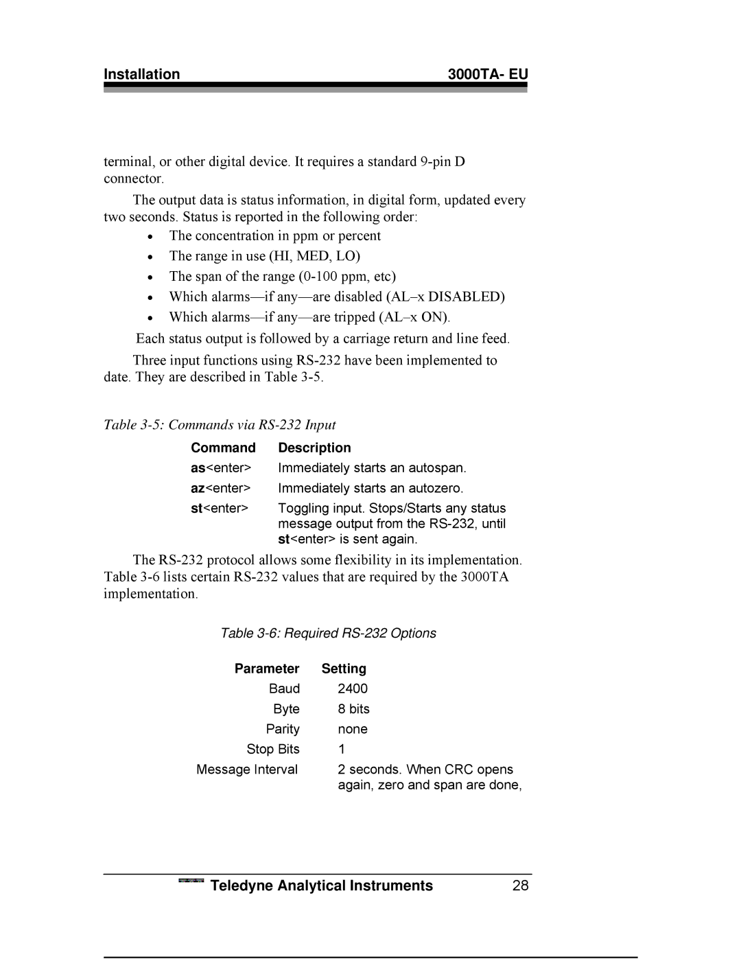 Teledyne 3000TA operating instructions Commands via RS-232 Input 