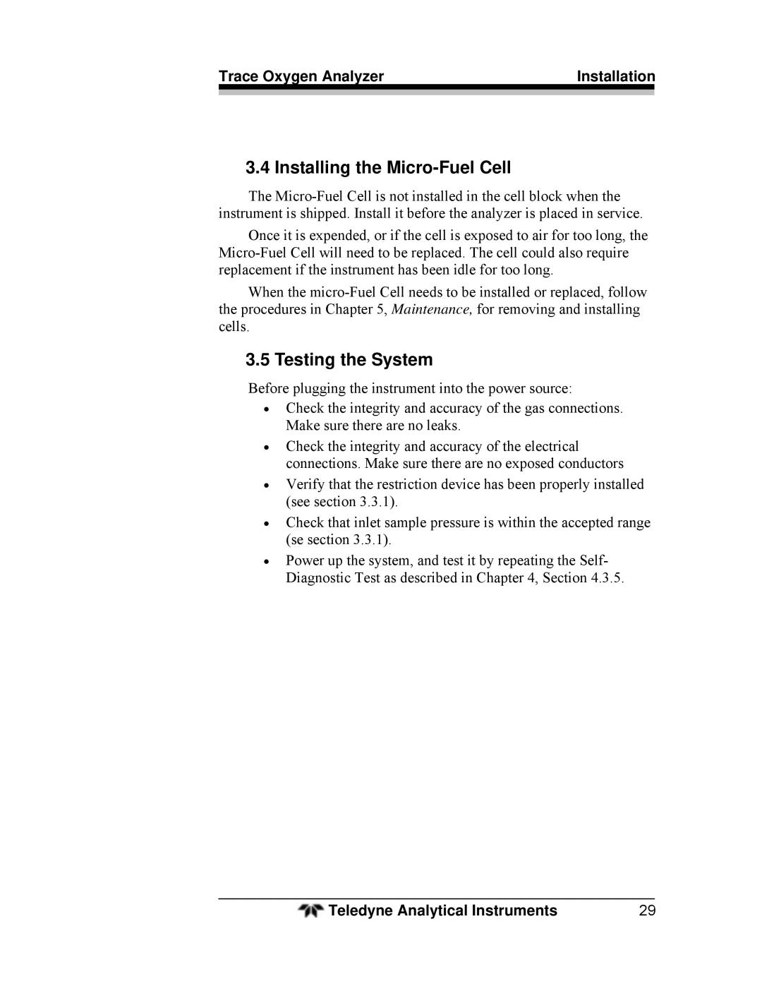 Teledyne 3000TA operating instructions Installing the Micro-Fuel Cell, Testing the System 