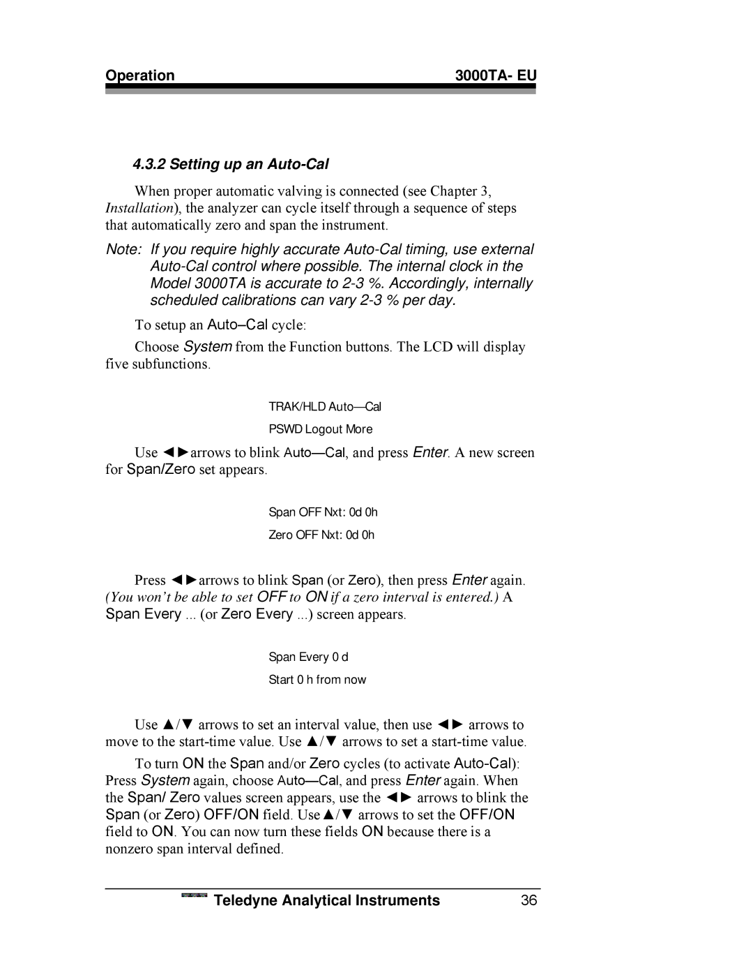 Teledyne 3000TA operating instructions Setting up an Auto-Cal 