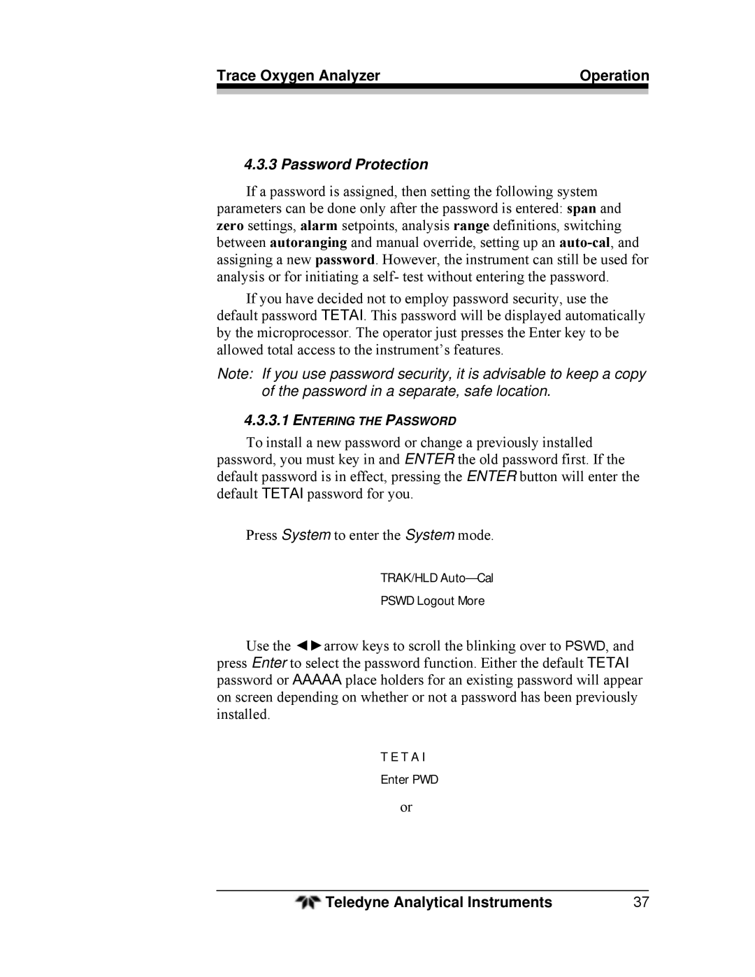 Teledyne 3000TA operating instructions Password Protection 