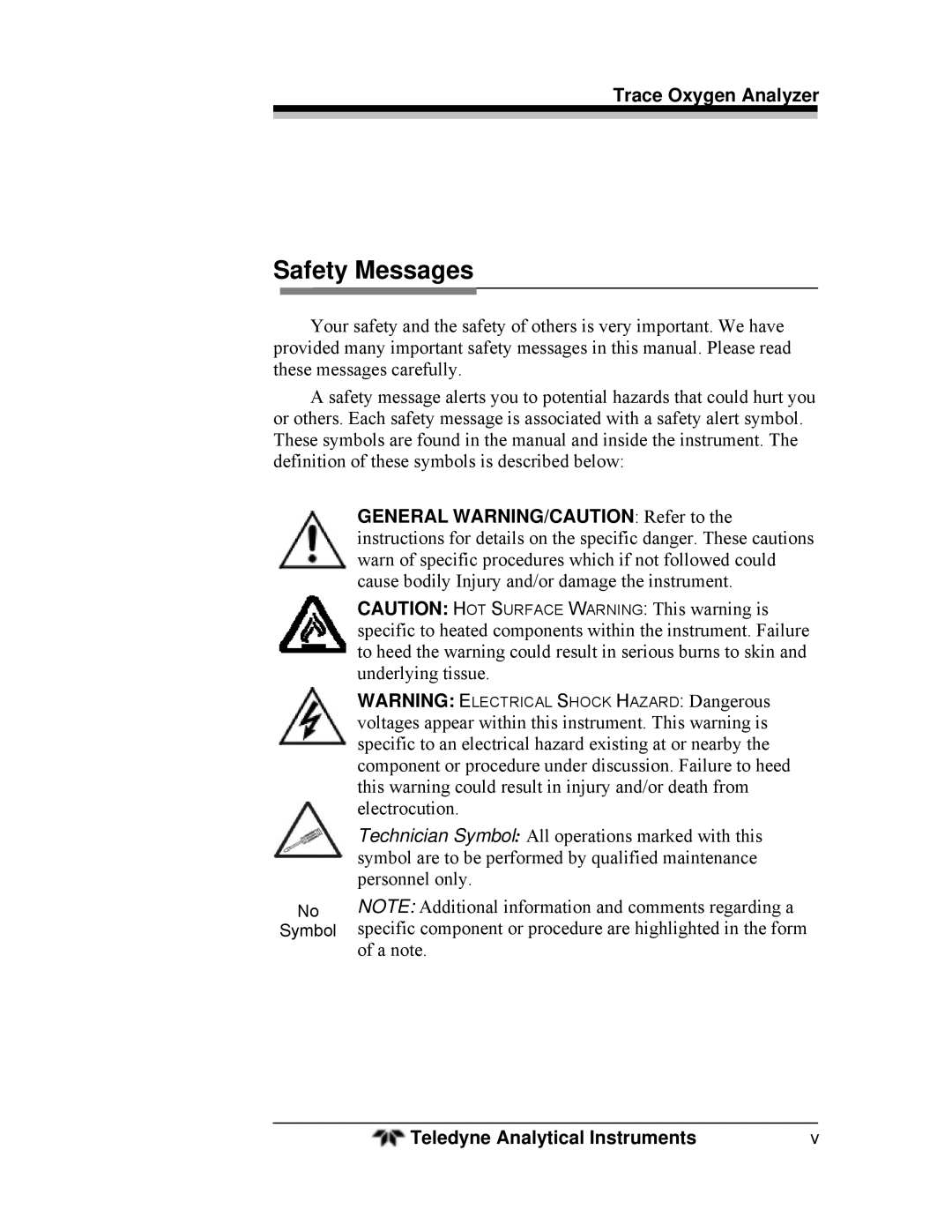 Teledyne 3000TA operating instructions Safety Messages 