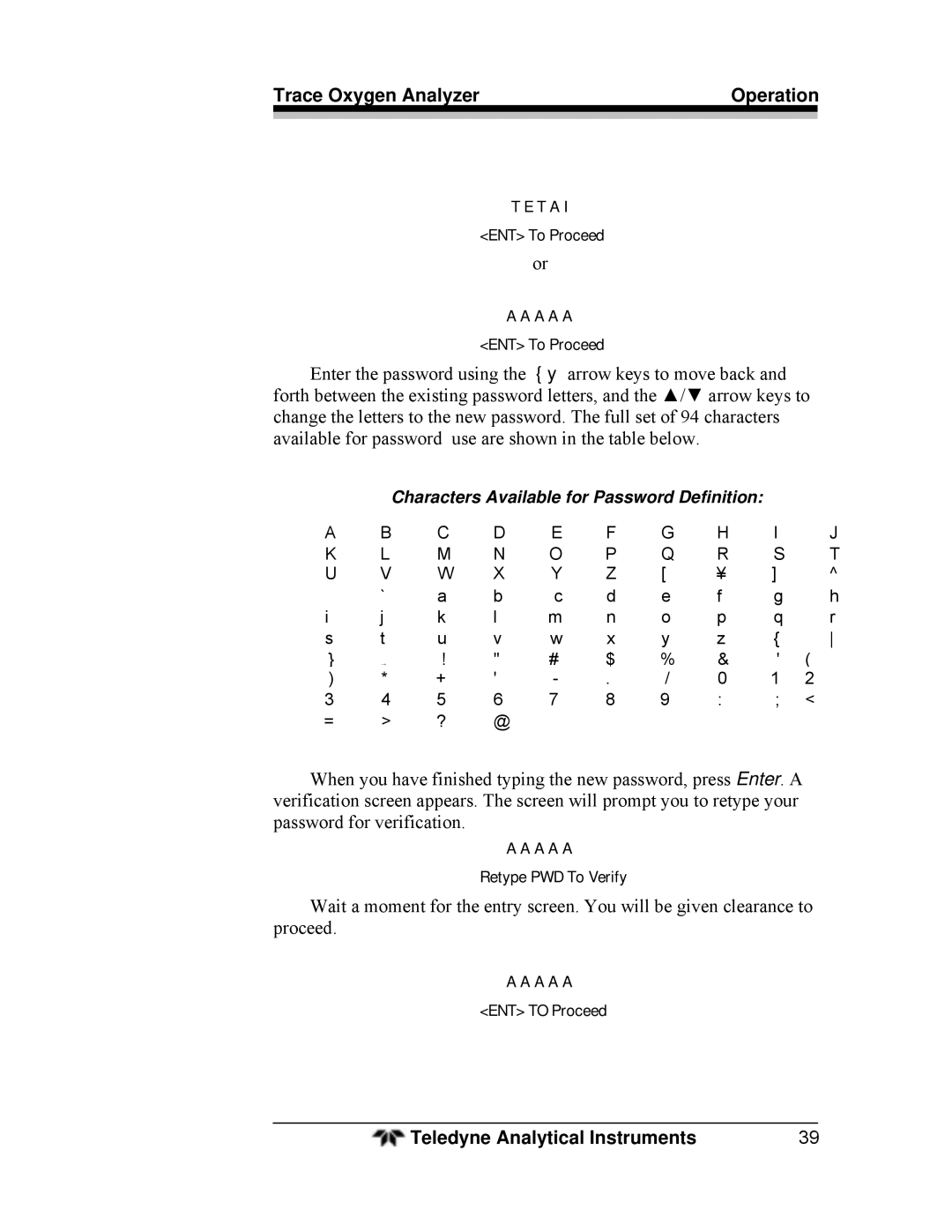 Teledyne 3000TA operating instructions Characters Available for Password Definition 