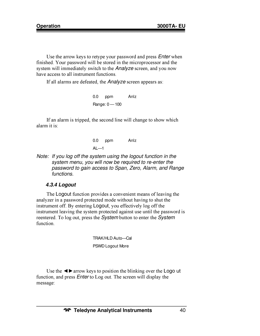 Teledyne 3000TA operating instructions Logout 