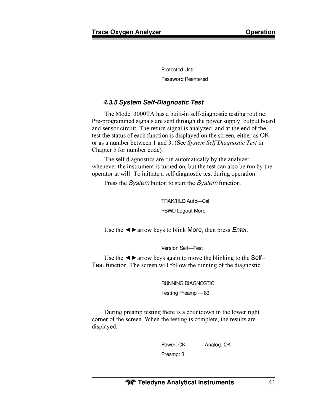 Teledyne 3000TA operating instructions System Self-Diagnostic Test 