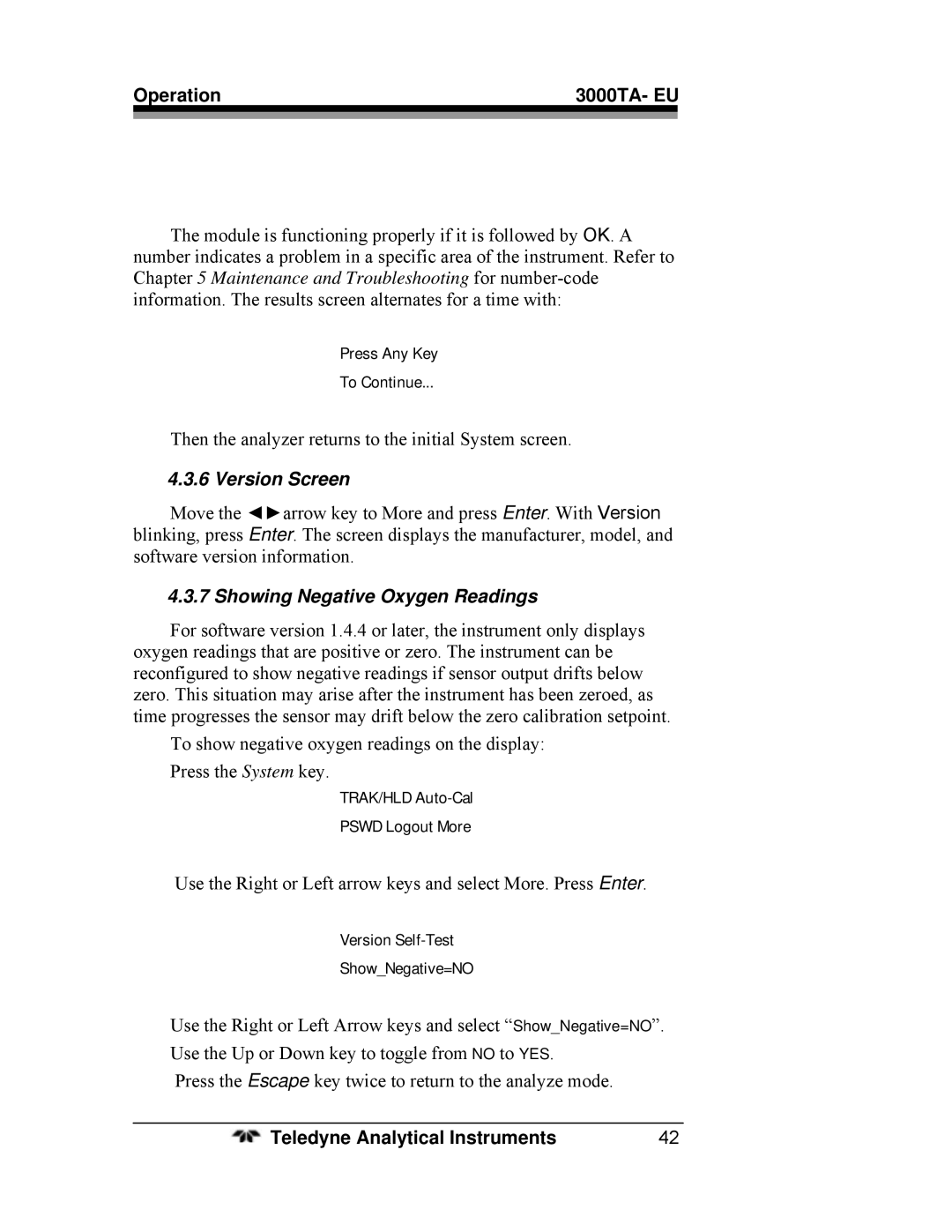 Teledyne 3000TA operating instructions Version Screen, Showing Negative Oxygen Readings 