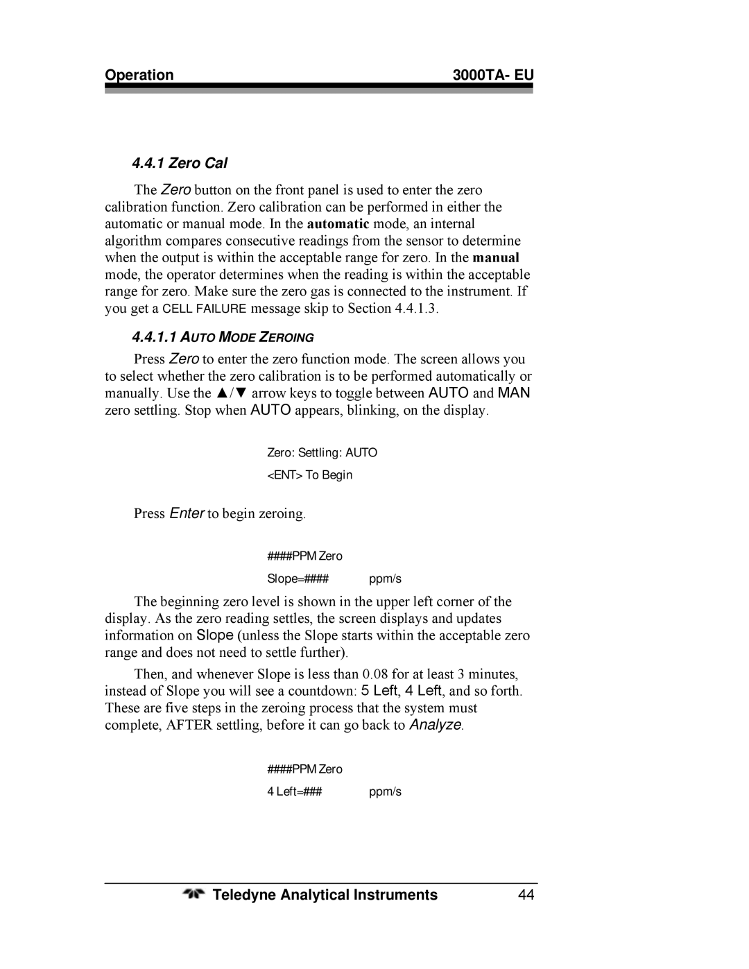 Teledyne 3000TA operating instructions Zero Cal 