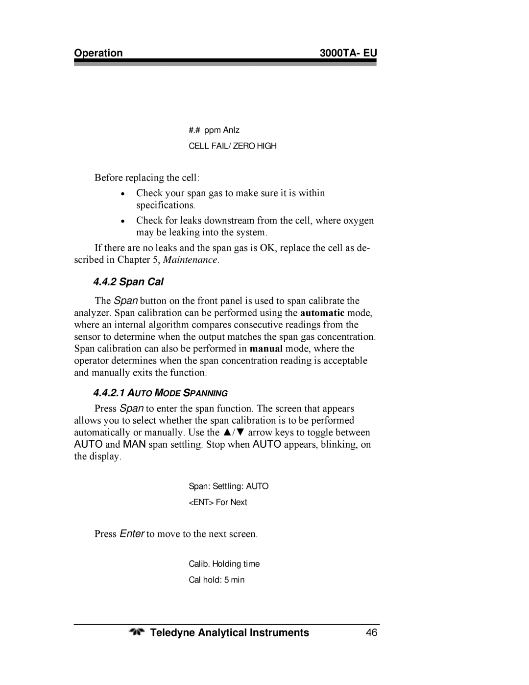 Teledyne 3000TA operating instructions Span Cal 