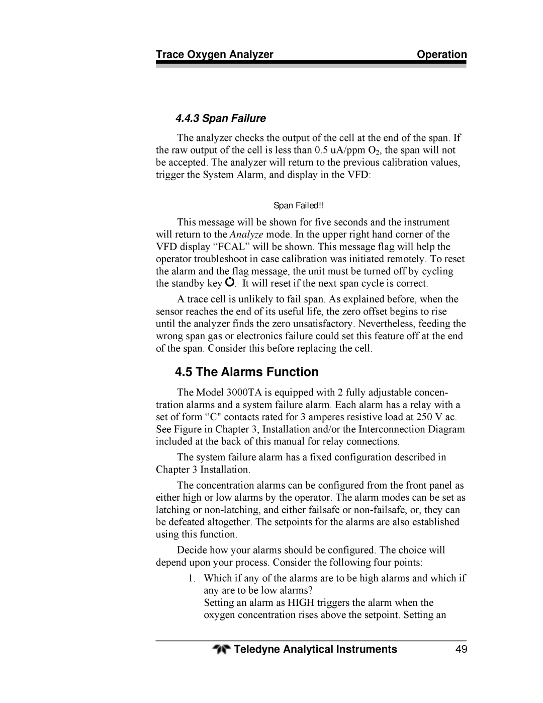 Teledyne 3000TA operating instructions Alarms Function, Span Failure 
