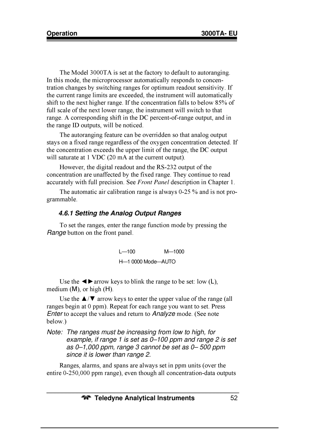 Teledyne 3000TA operating instructions Setting the Analog Output Ranges 