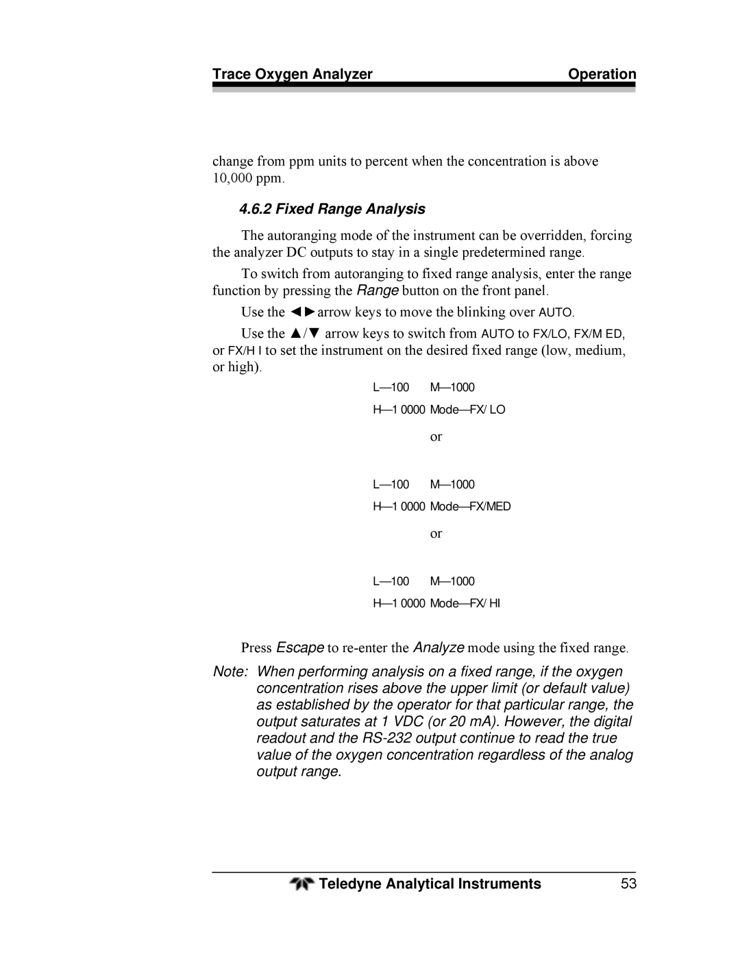 Teledyne 3000TA operating instructions Fixed Range Analysis 