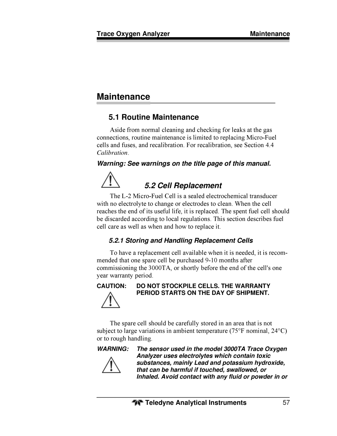 Teledyne 3000TA Routine Maintenance, Trace Oxygen Analyzer Maintenance, Storing and Handling Replacement Cells 