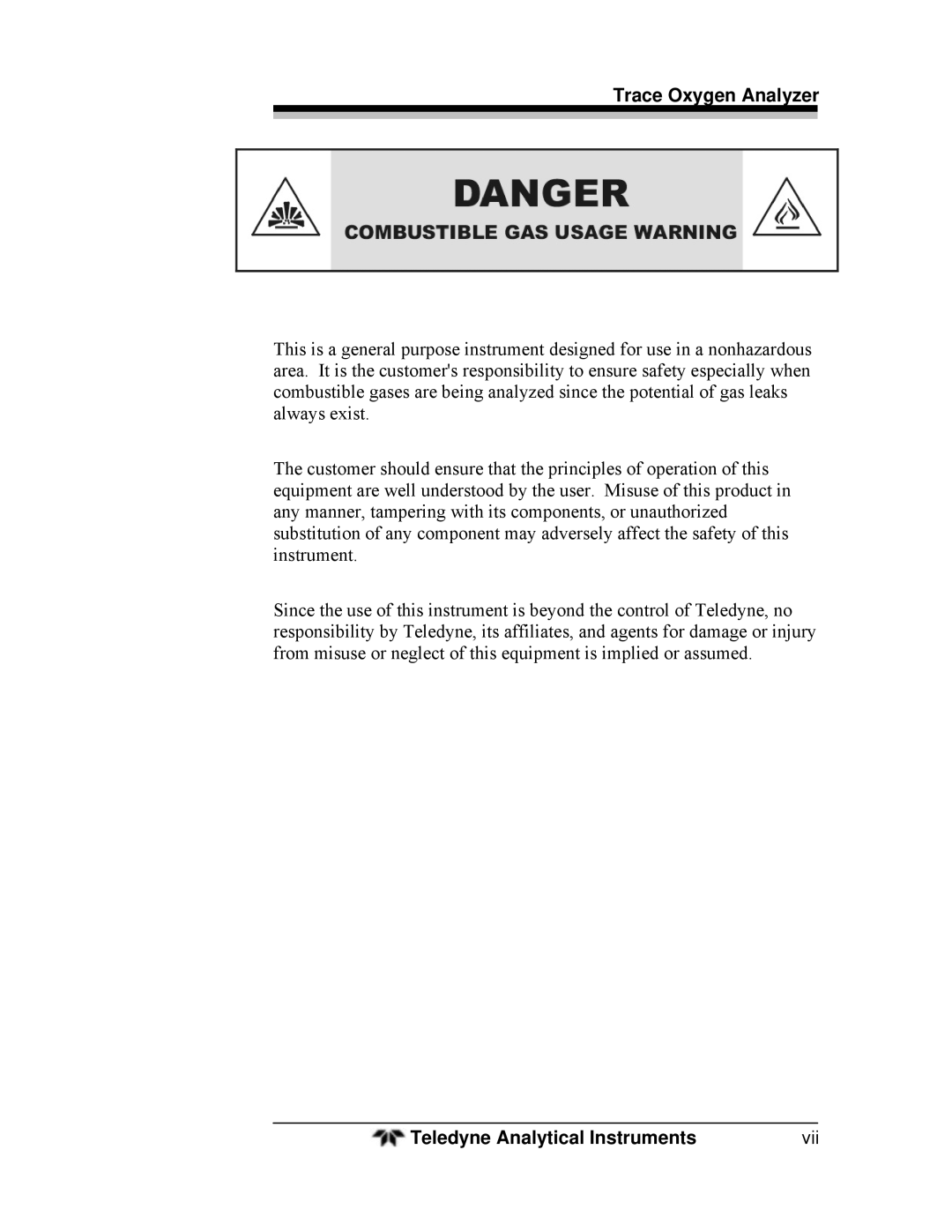 Teledyne 3000TA operating instructions Vii 