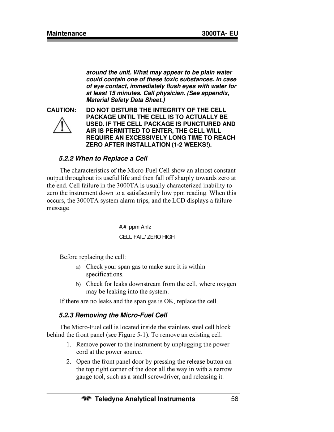 Teledyne operating instructions Maintenance 3000TA- EU, When to Replace a Cell, Removing the Micro-Fuel Cell 