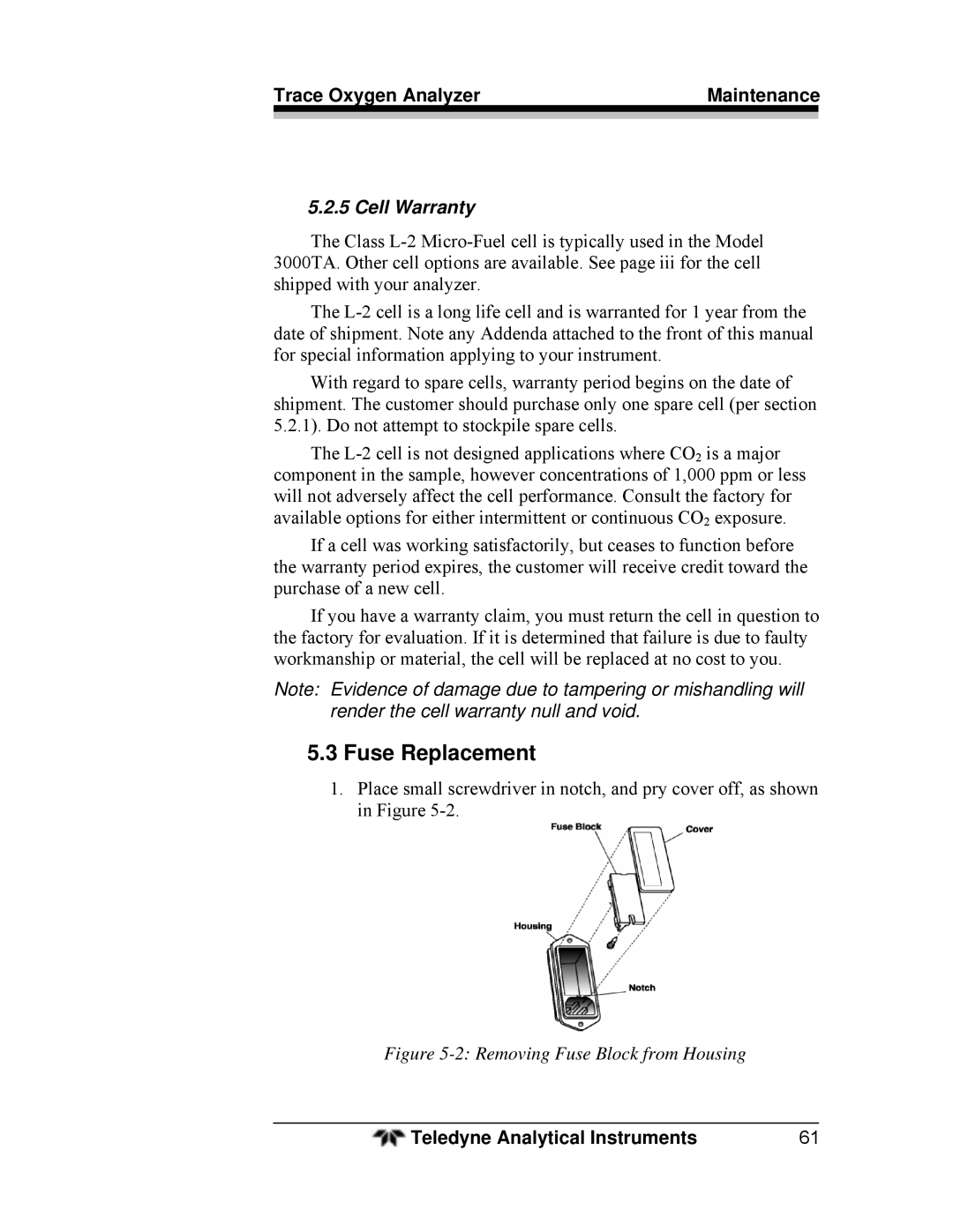 Teledyne 3000TA operating instructions Fuse Replacement, Cell Warranty 