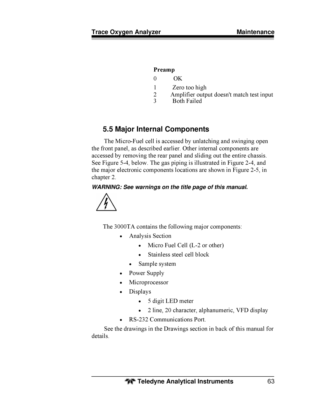 Teledyne 3000TA operating instructions Major Internal Components 