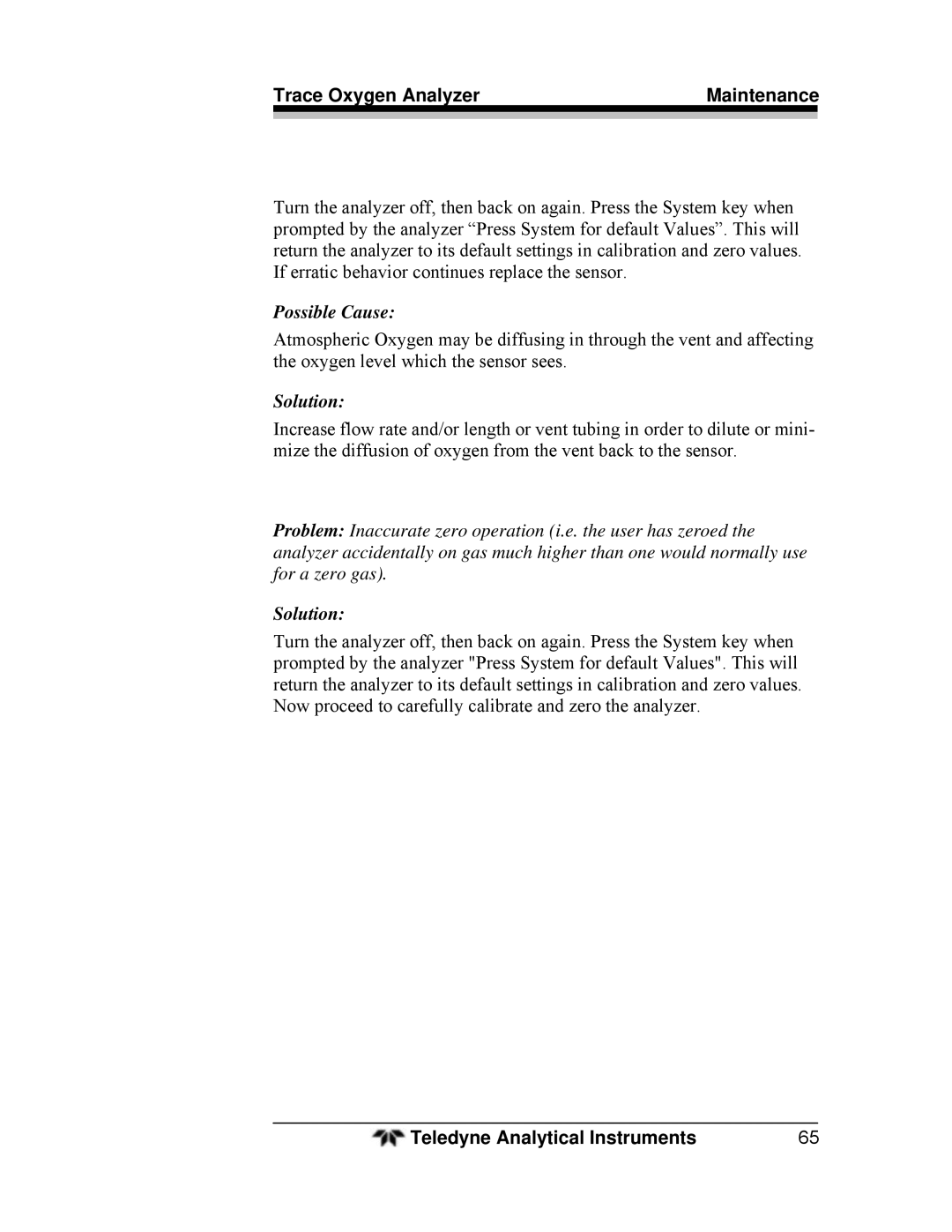 Teledyne 3000TA operating instructions Trace Oxygen Analyzer Maintenance 
