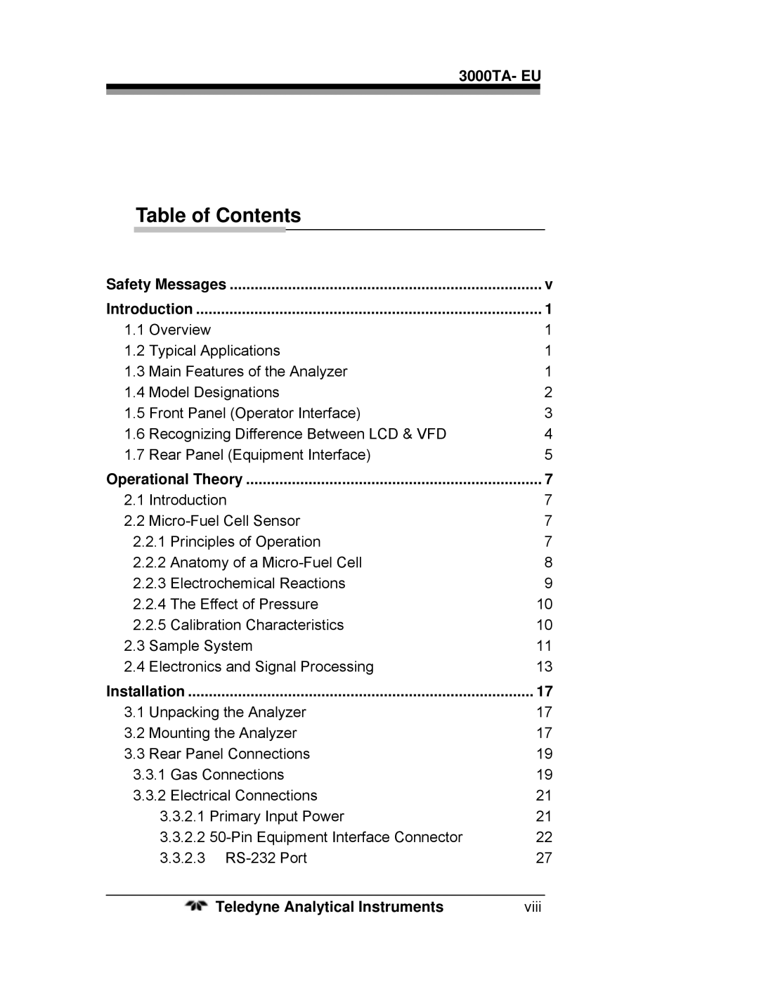 Teledyne 3000TA operating instructions Table of Contents 