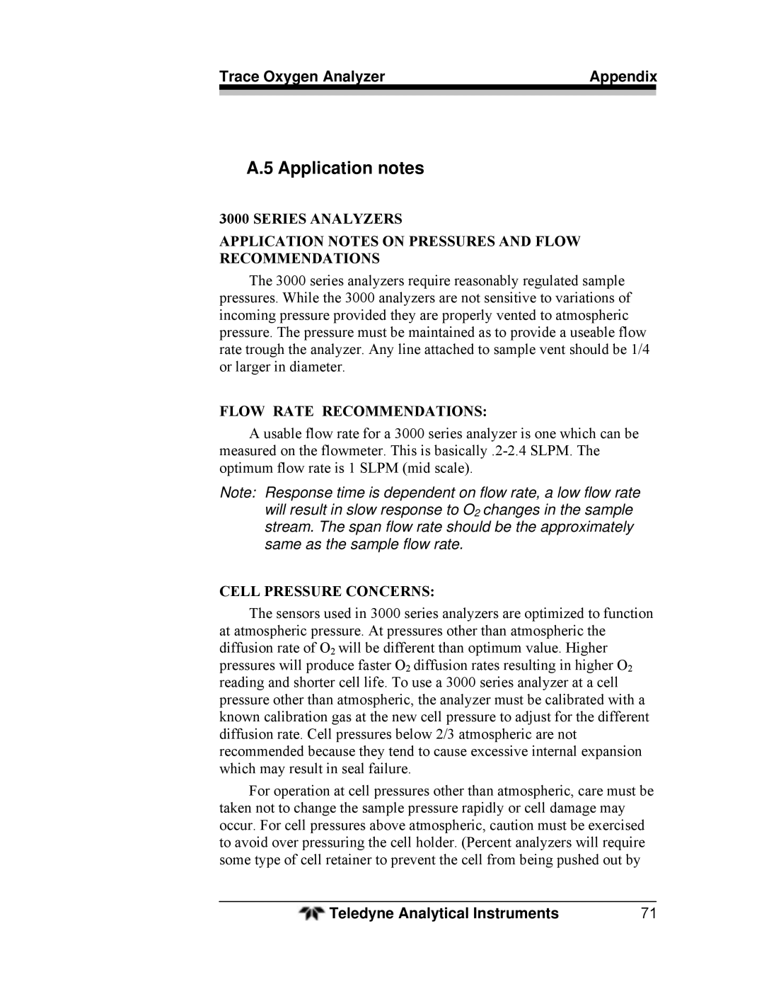 Teledyne 3000TA operating instructions Application notes, Flow Rate Recommendations 