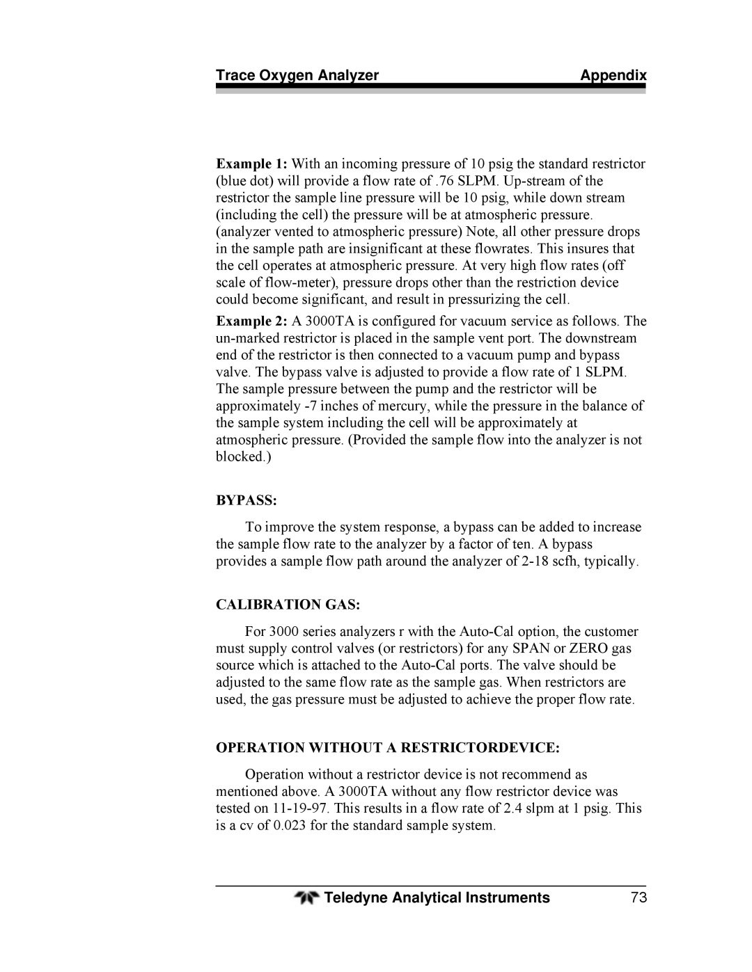 Teledyne 3000TA operating instructions Bypass 