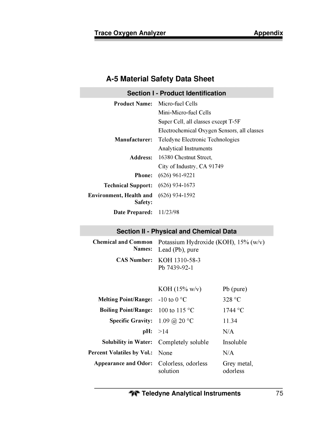 Teledyne 3000TA Material Safety Data Sheet, Section I Product Identification, Section II Physical and Chemical Data 