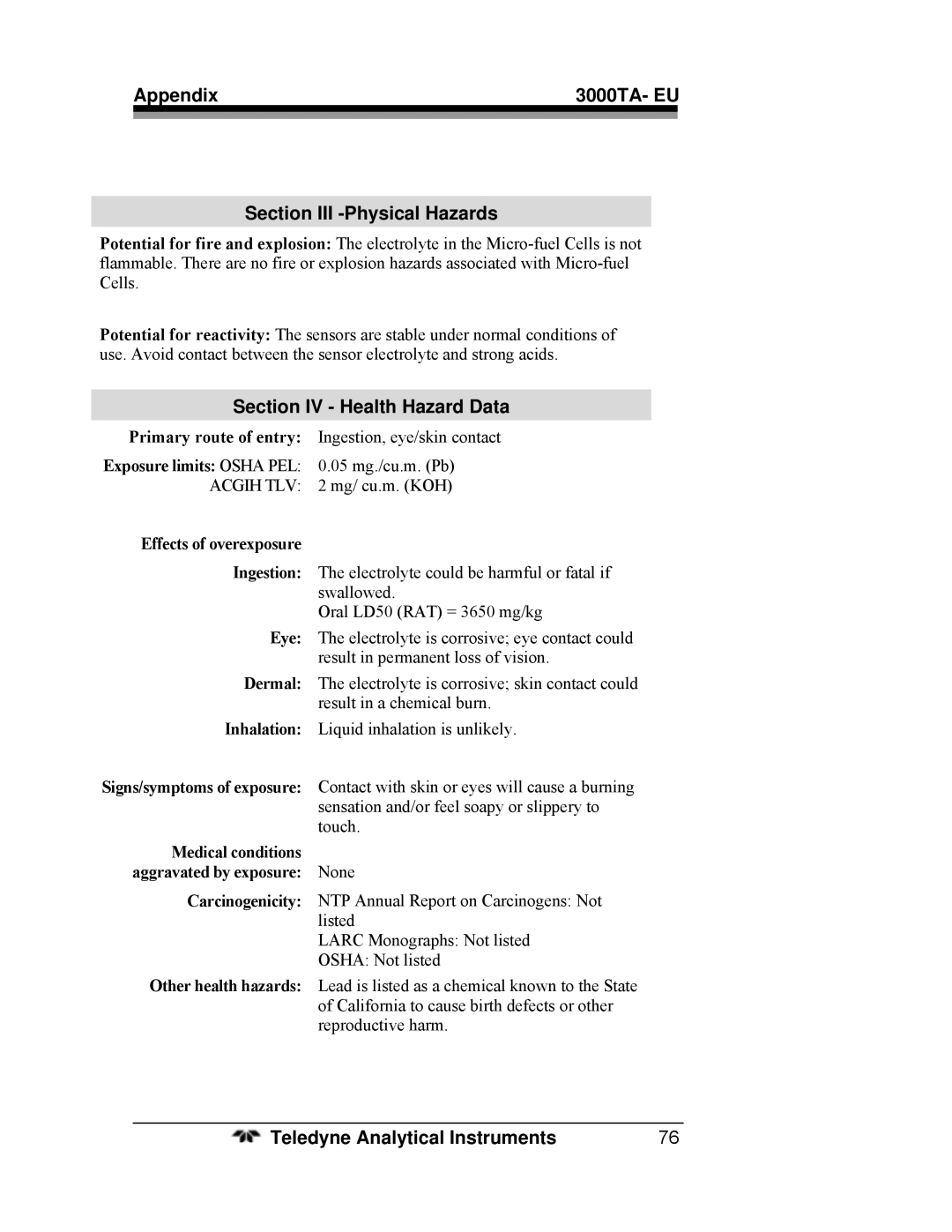 Teledyne operating instructions Appendix 3000TA- EU Section III -Physical Hazards, Section IV Health Hazard Data 