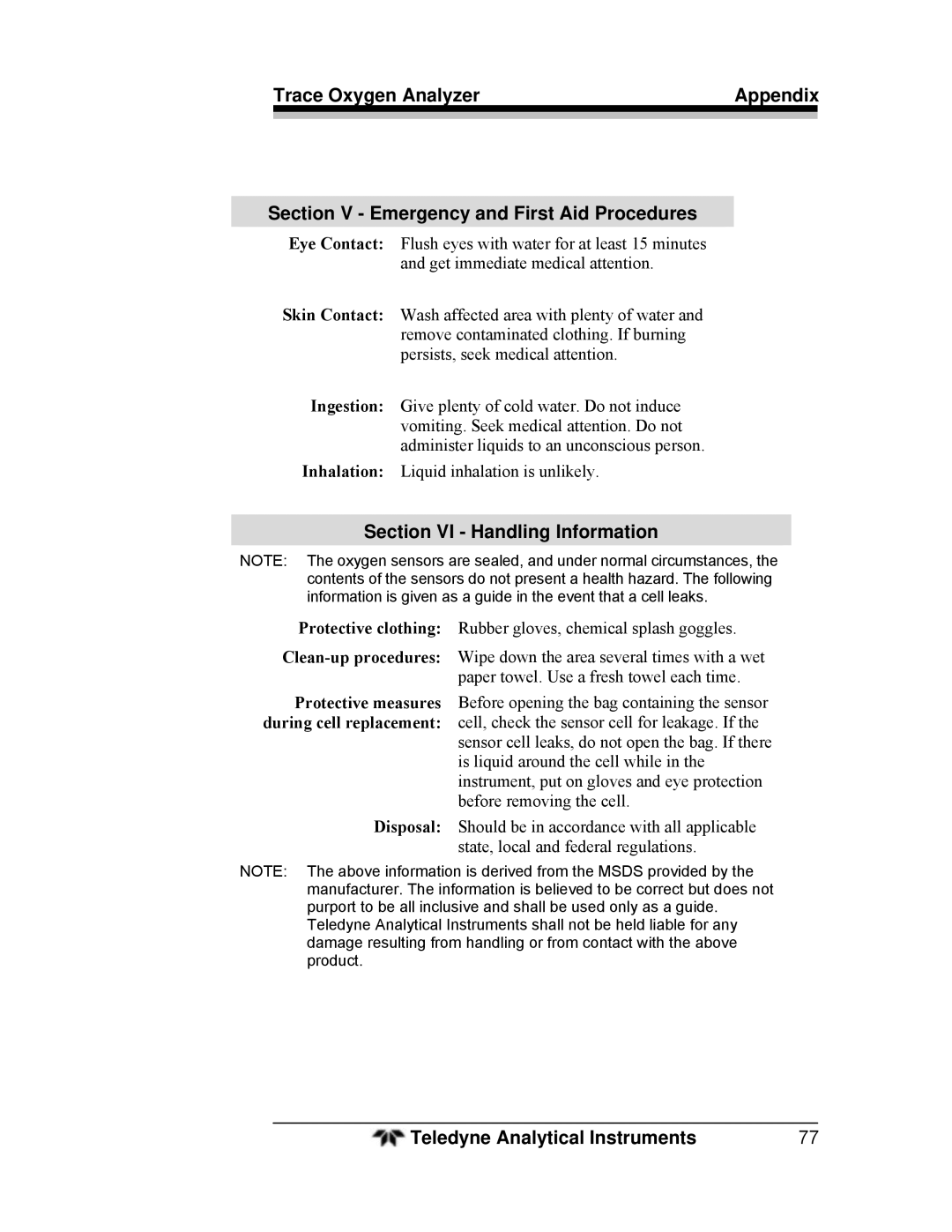 Teledyne 3000TA operating instructions Section VI Handling Information 