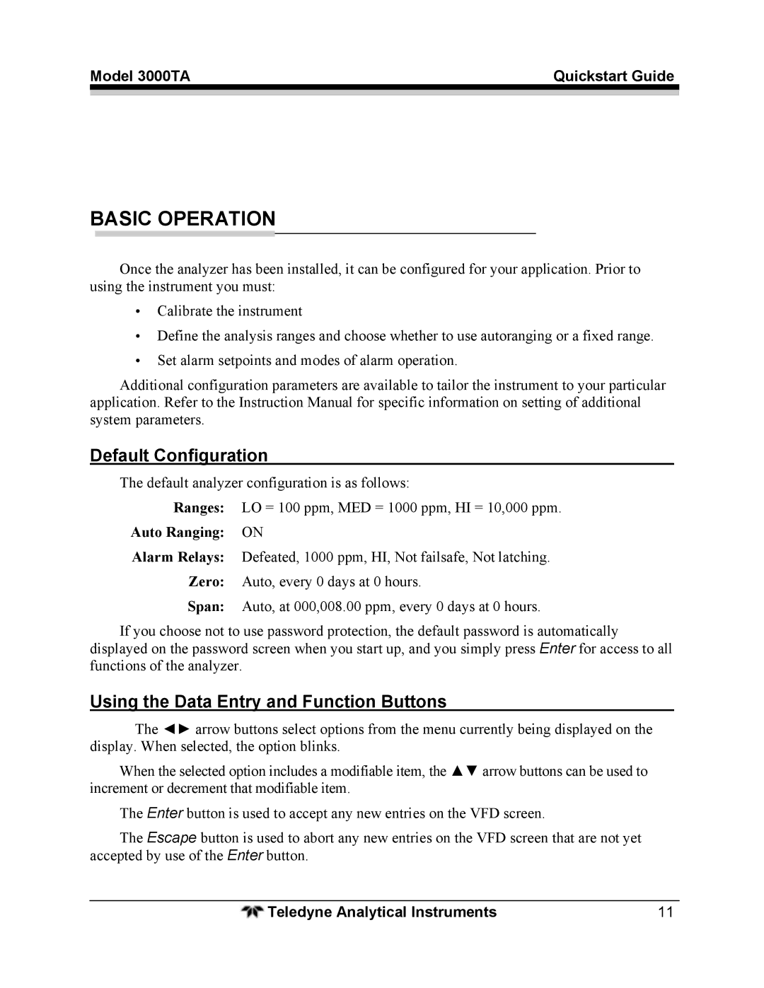 Teledyne 3000TA quick start Default Configuration, Using the Data Entry and Function Buttons, Auto Ranging on 