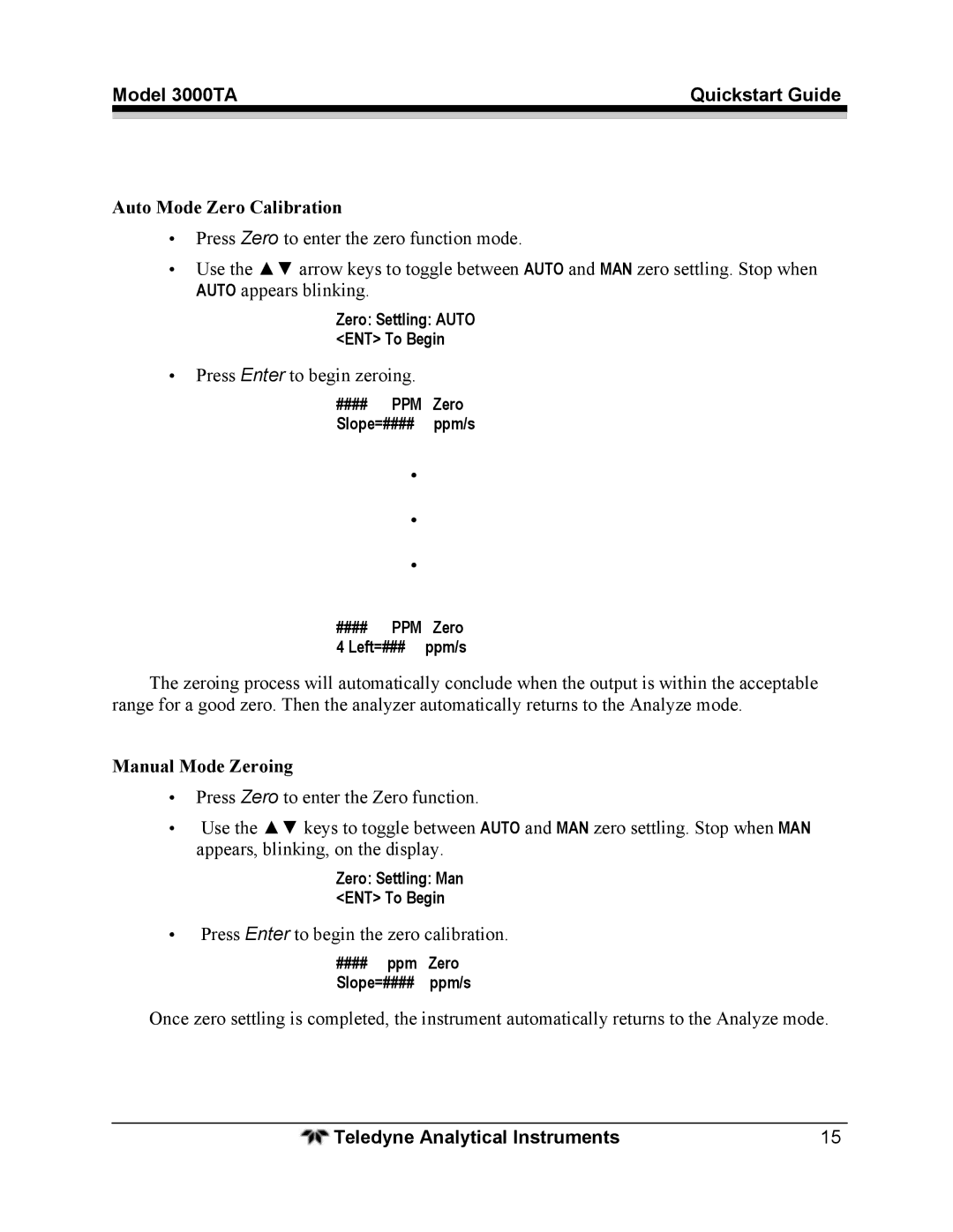 Teledyne 3000TA quick start Auto Mode Zero Calibration, Manual Mode Zeroing 