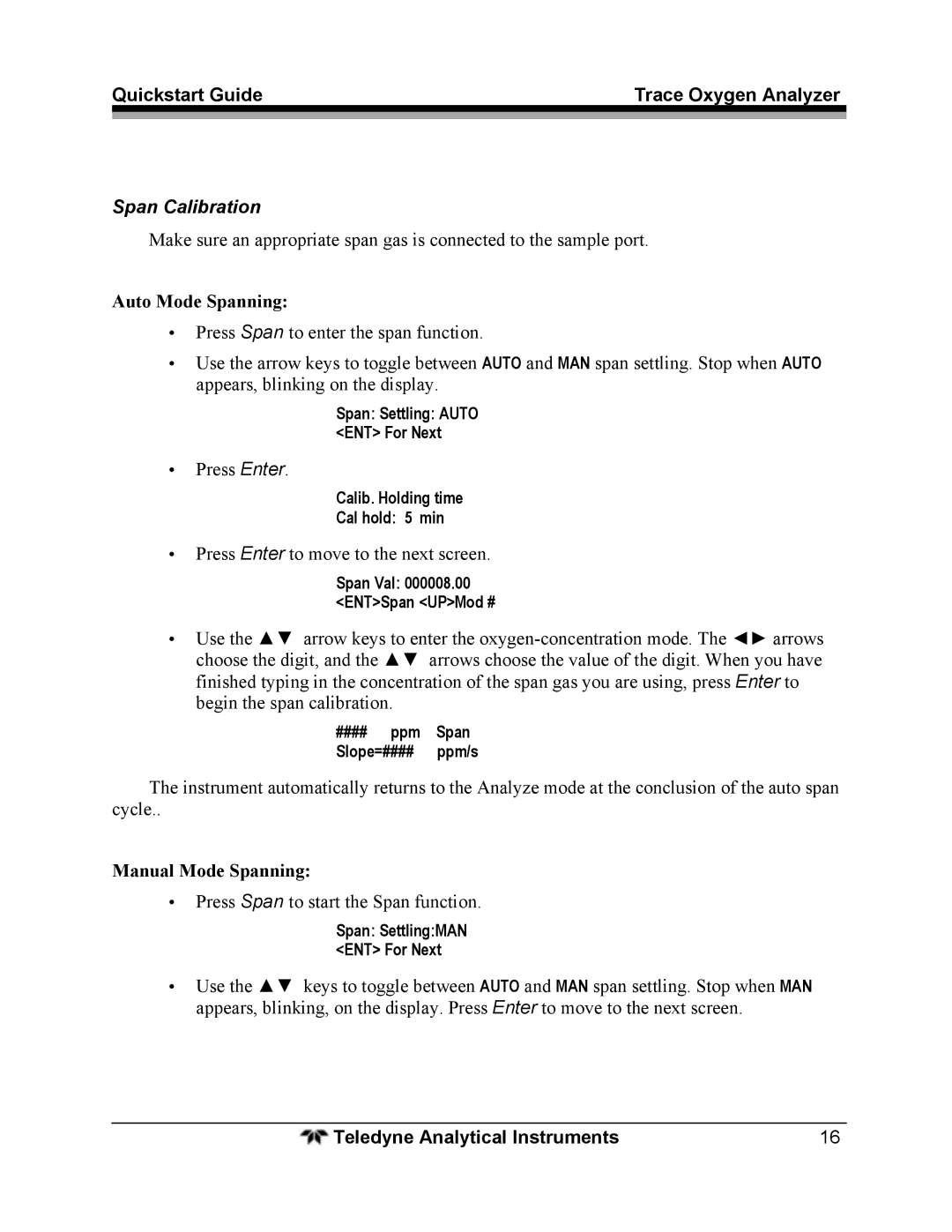 Teledyne 3000TA quick start Span Calibration, Auto Mode Spanning, Manual Mode Spanning 