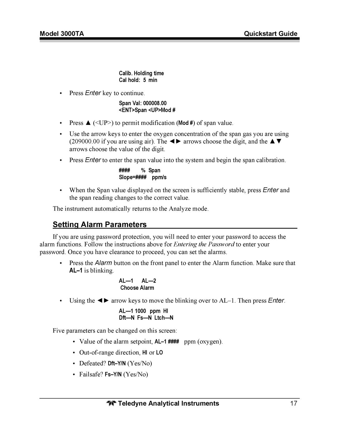 Teledyne 3000TA quick start Setting Alarm Parameters 